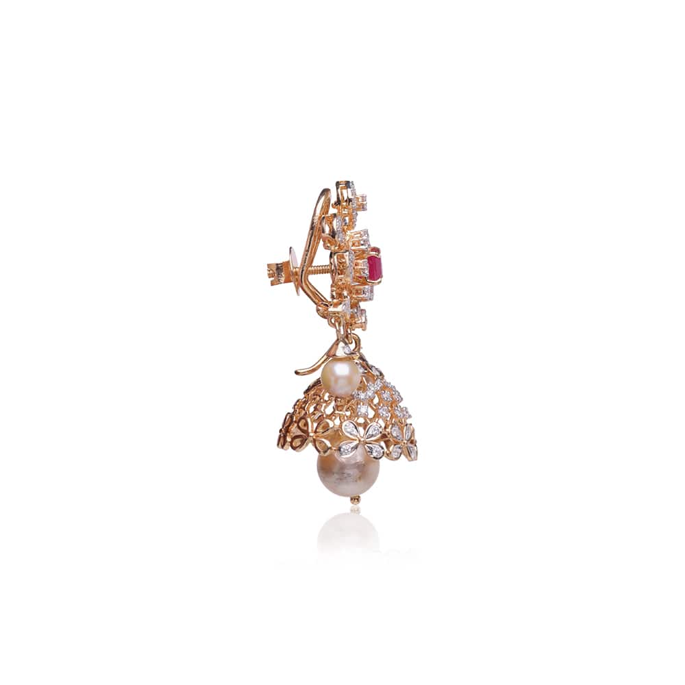Decorous Ruby Studded Diamond Jhumkas Decorous Ruby Studded Diamond Jhumkas
