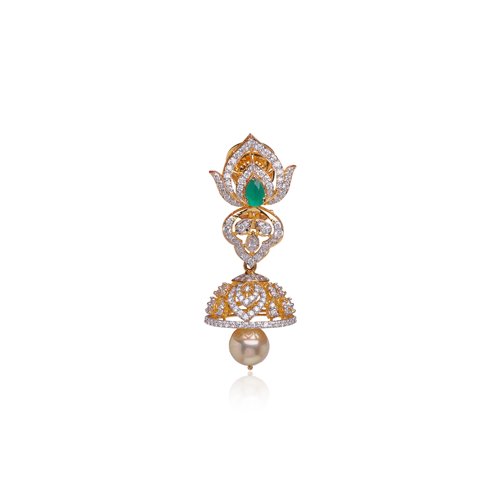 Leaflike Gold & Diamond Studded Jhumkas Leaflike Gold & Diamond Studded Jhumkas