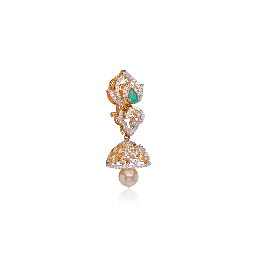 Leaflike Gold & Diamond Studded Jhumkas Leaflike Gold & Diamond Studded Jhumkas