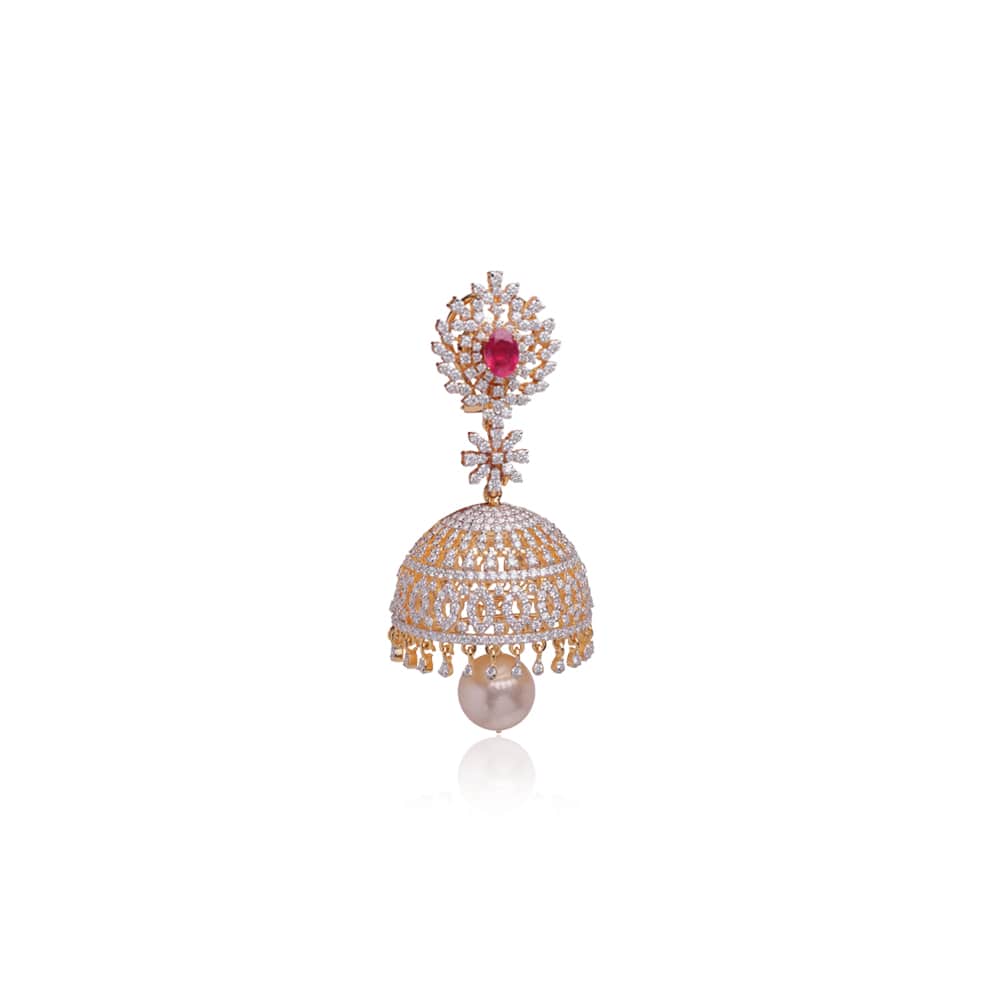 Dazzling Ruby Pearl Diamond Jhumkas Dazzling Ruby Pearl Diamond Jhumkas