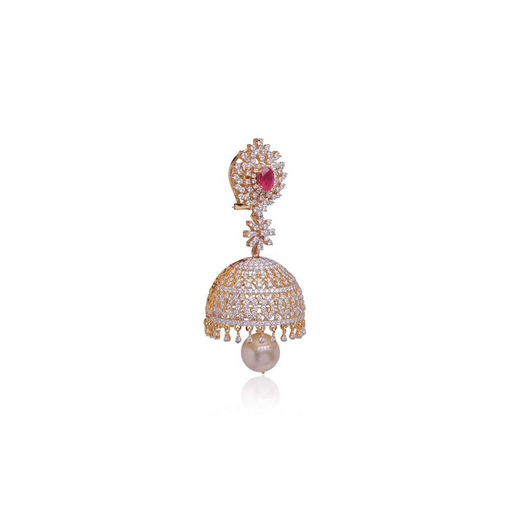 Dazzling Ruby Pearl Diamond Jhumkas Dazzling Ruby Pearl Diamond Jhumkas