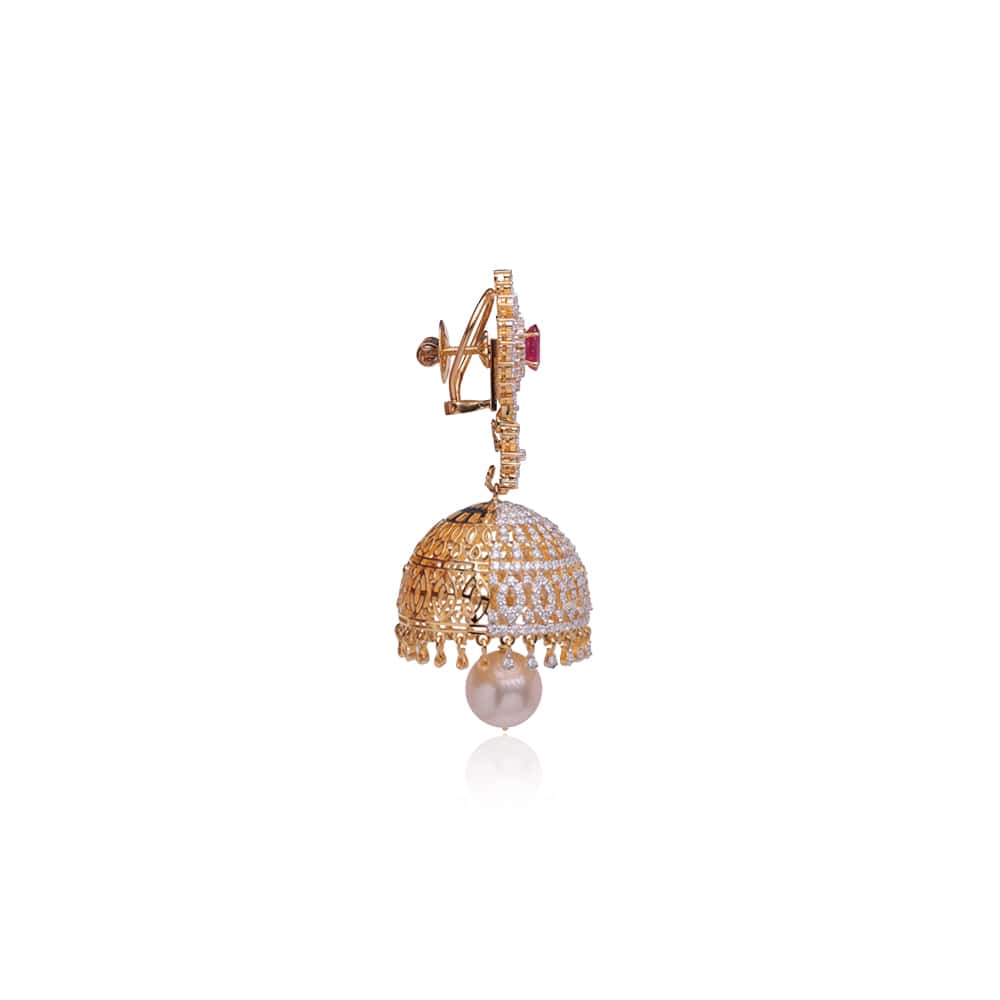 Dazzling Ruby Pearl Diamond Jhumkas Dazzling Ruby Pearl Diamond Jhumkas