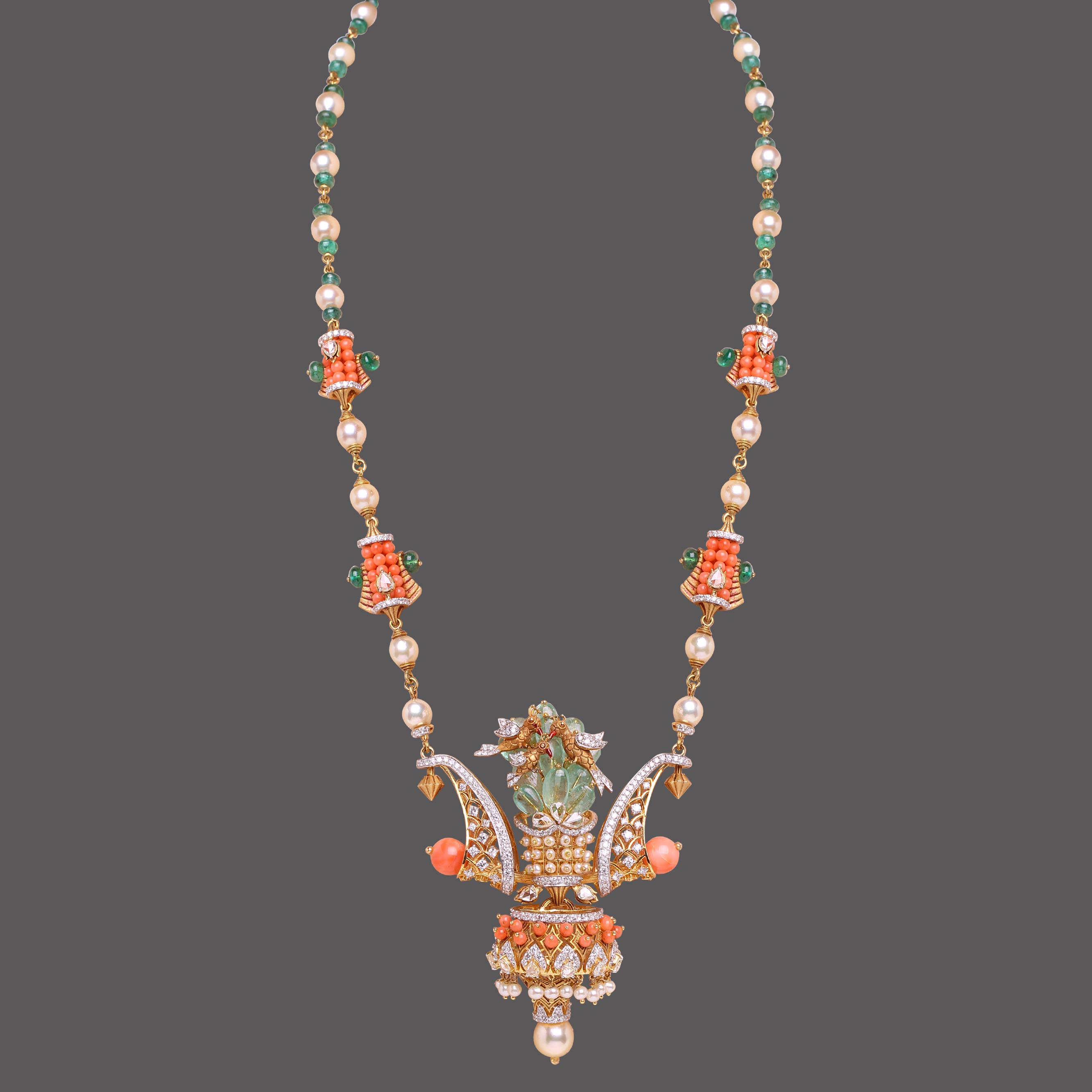 Coral and Emerald Bird Necklace Coral and Emerald Bird Necklace