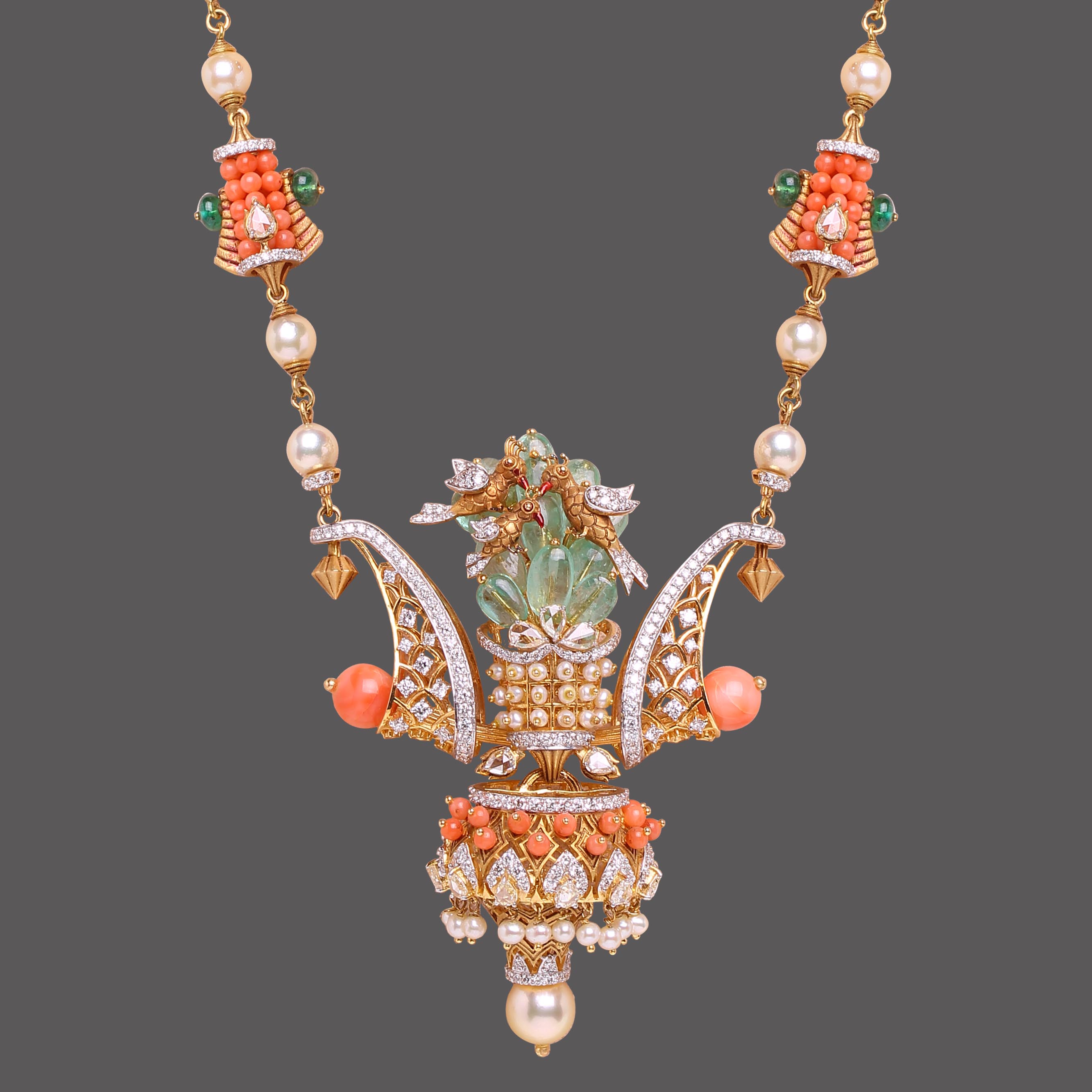 Coral and Emerald Bird Necklace Coral and Emerald Bird Necklace
