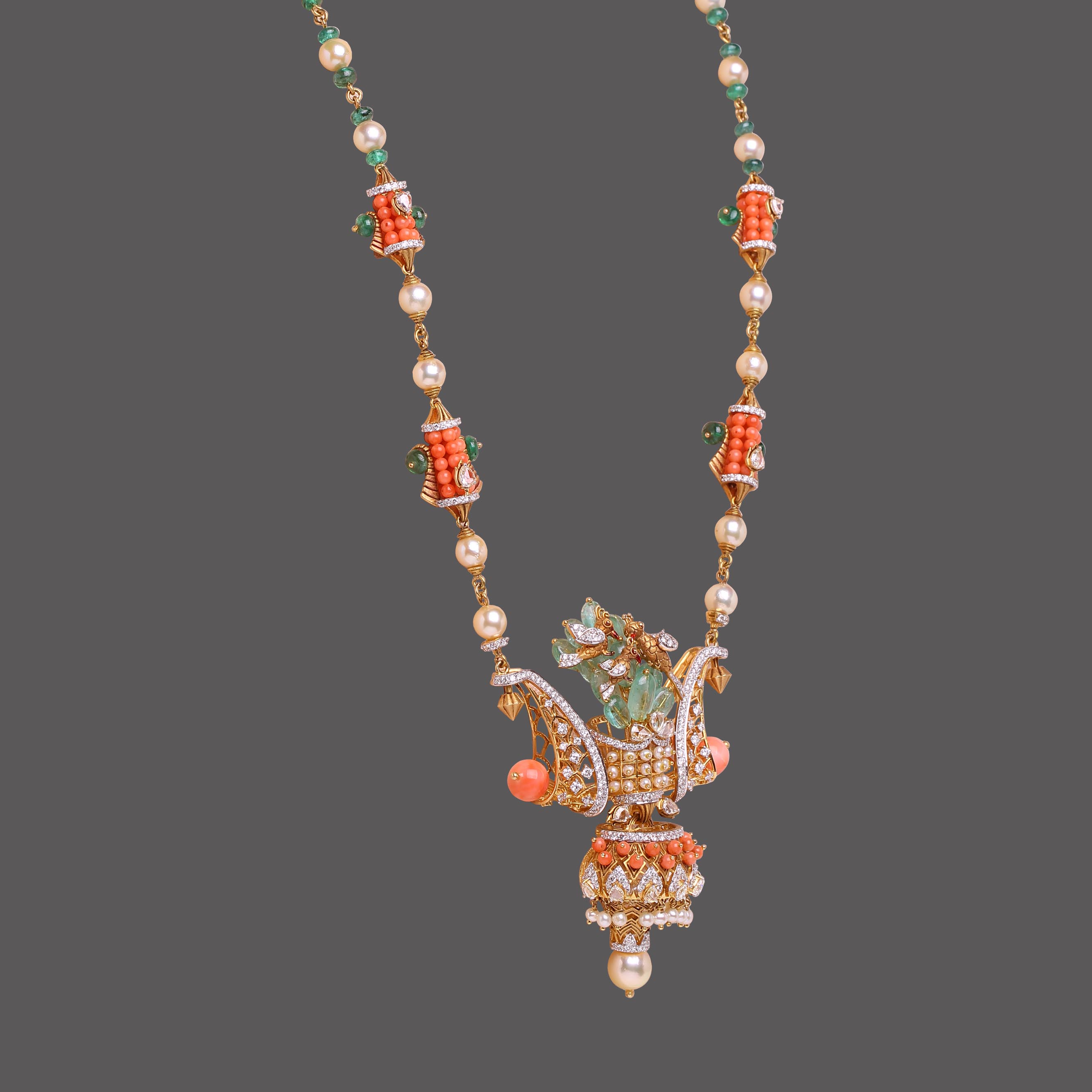 Coral and Emerald Bird Necklace Coral and Emerald Bird Necklace