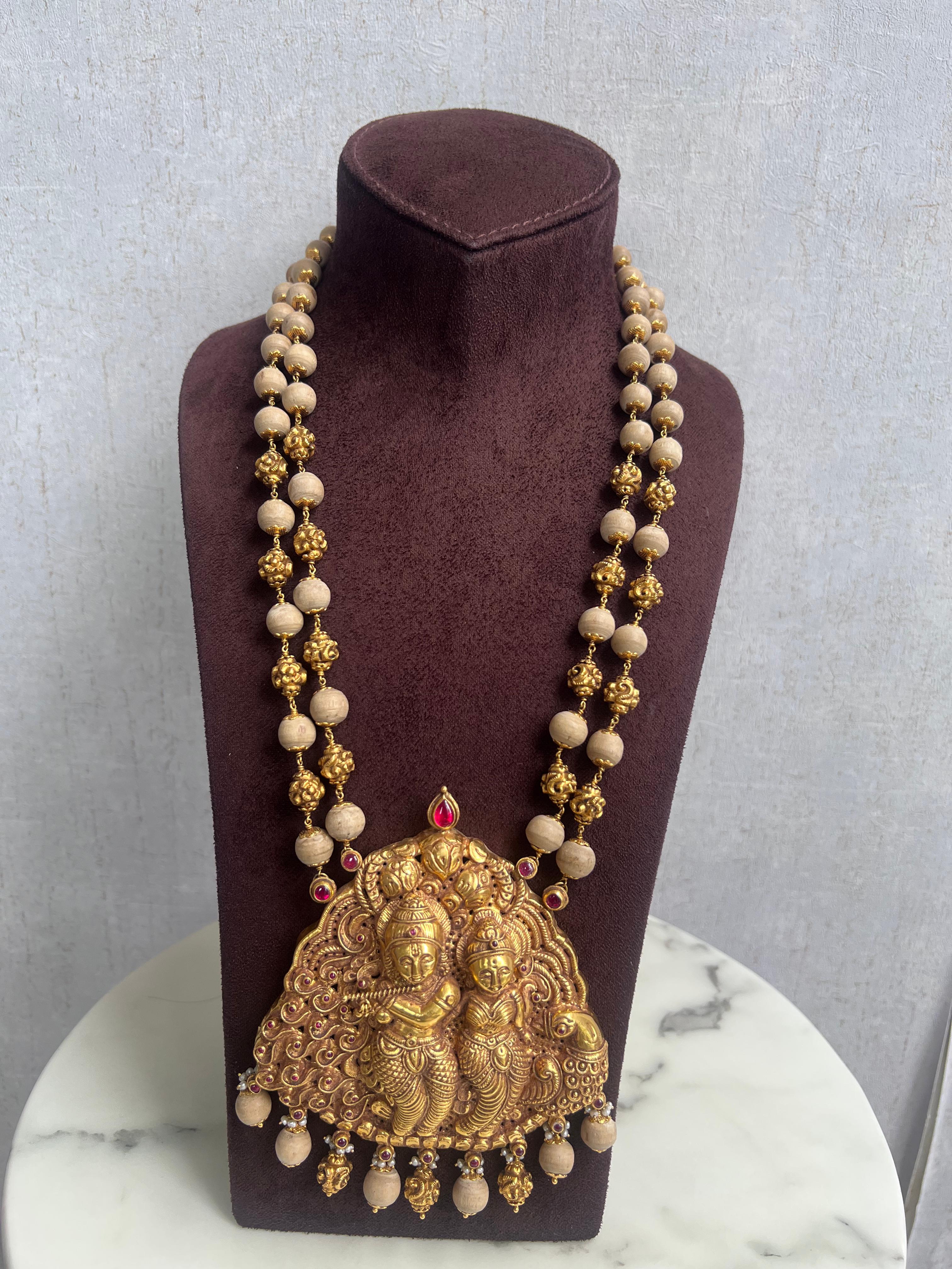 Unisex Radha Krishna gold Pendant with Tulsi Beads