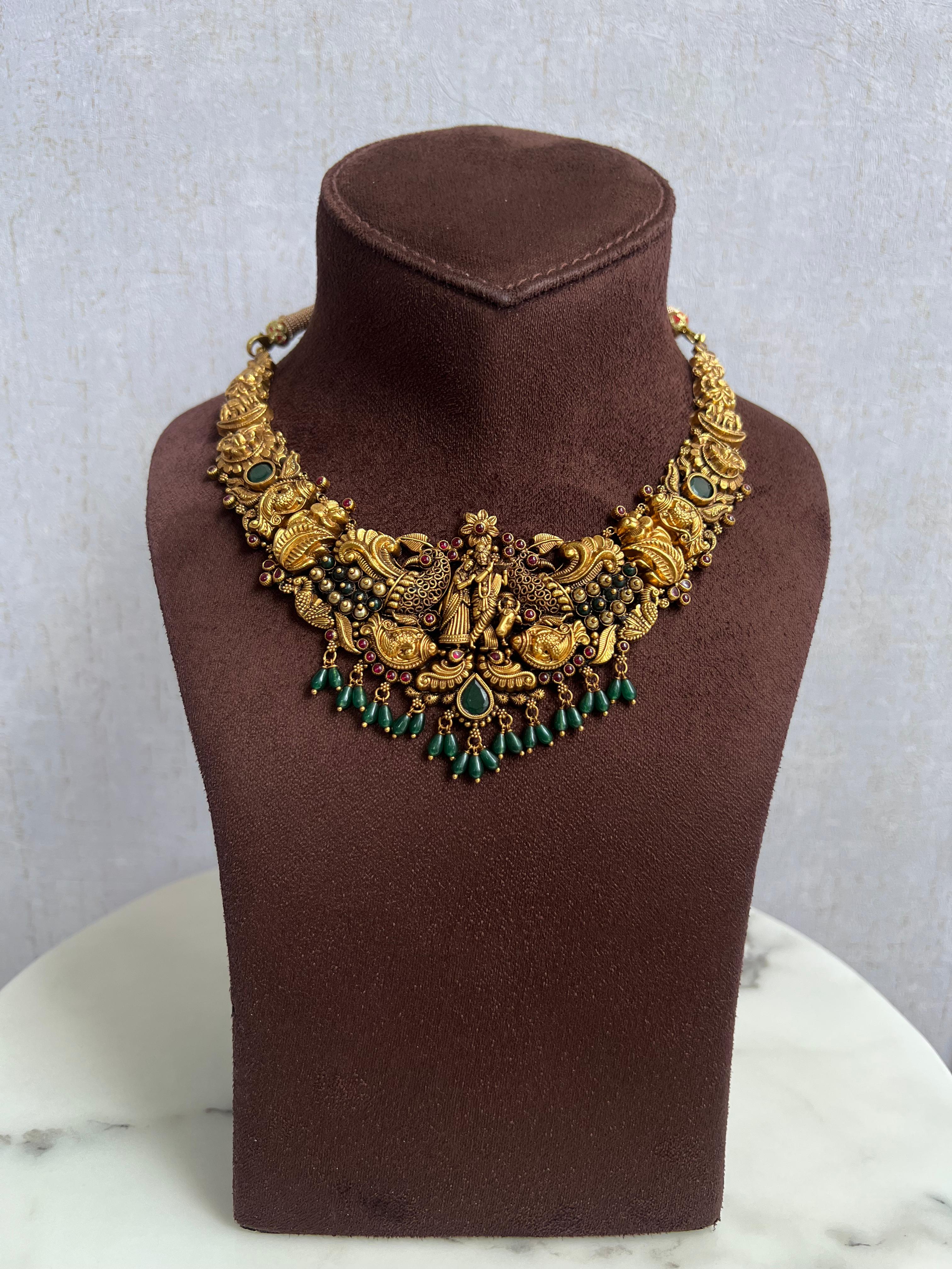 Antique Radha Krishna Necklace with Emerald Beads