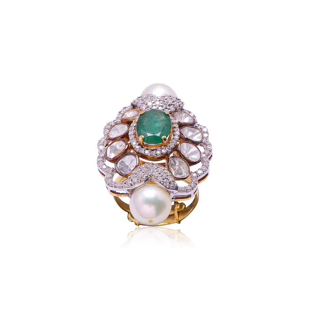 Emerald Studded Polki Ring Emerald Studded Polki Ring
