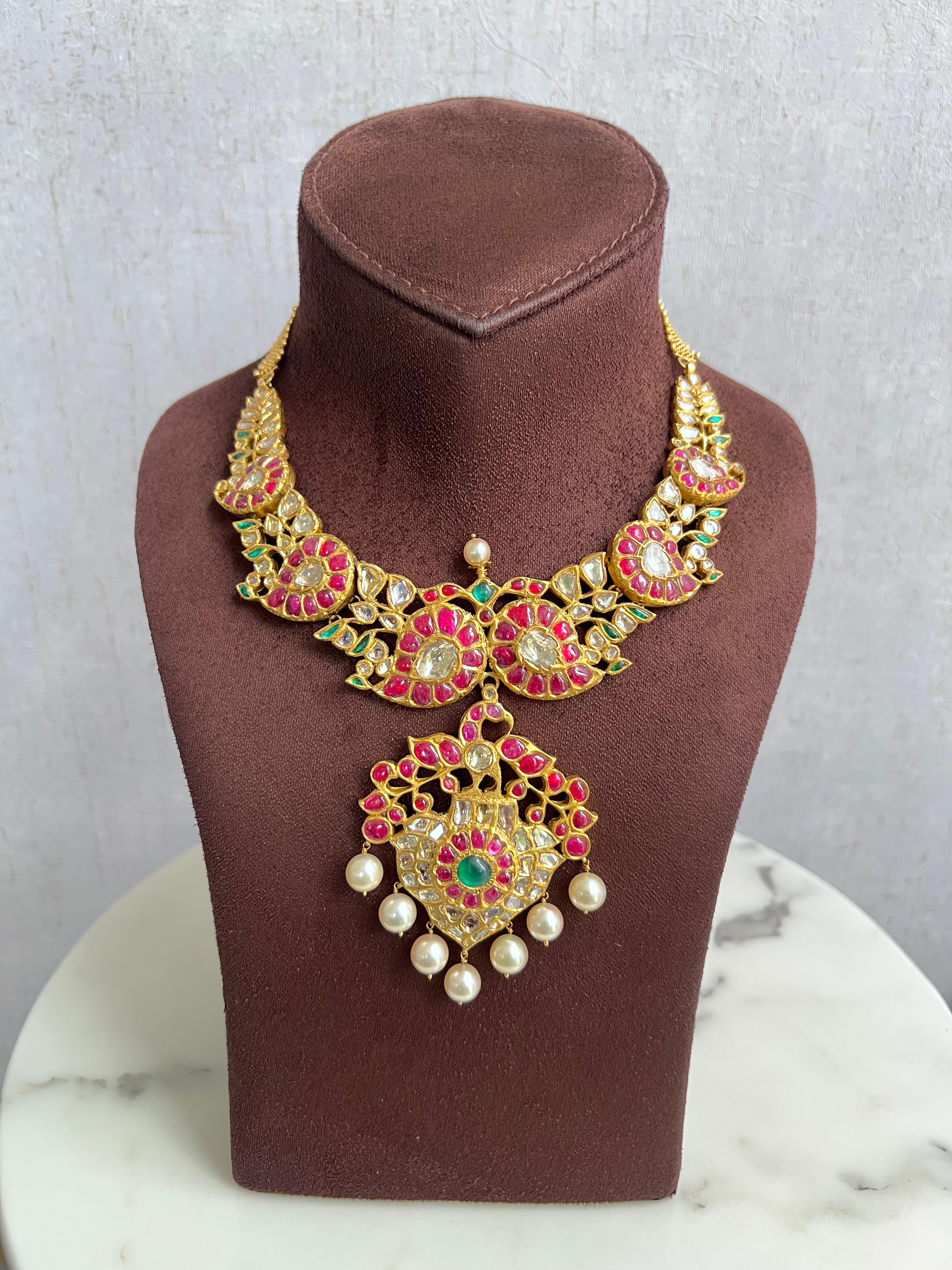 Traditional Kundan Necklace with Rubies and Emerald