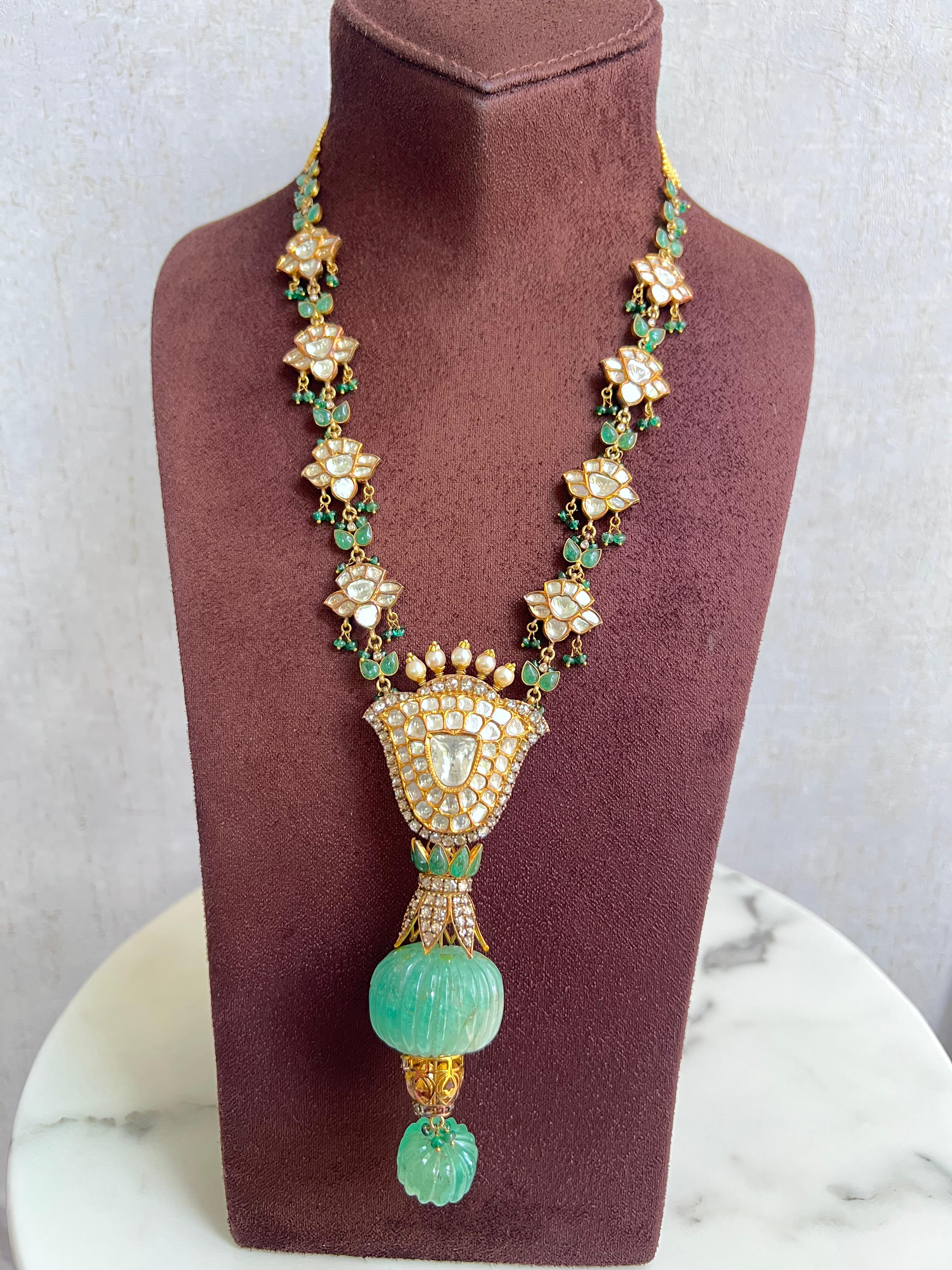 Kundan Settings Polki Necklace with Pumpkin Russian Emerald