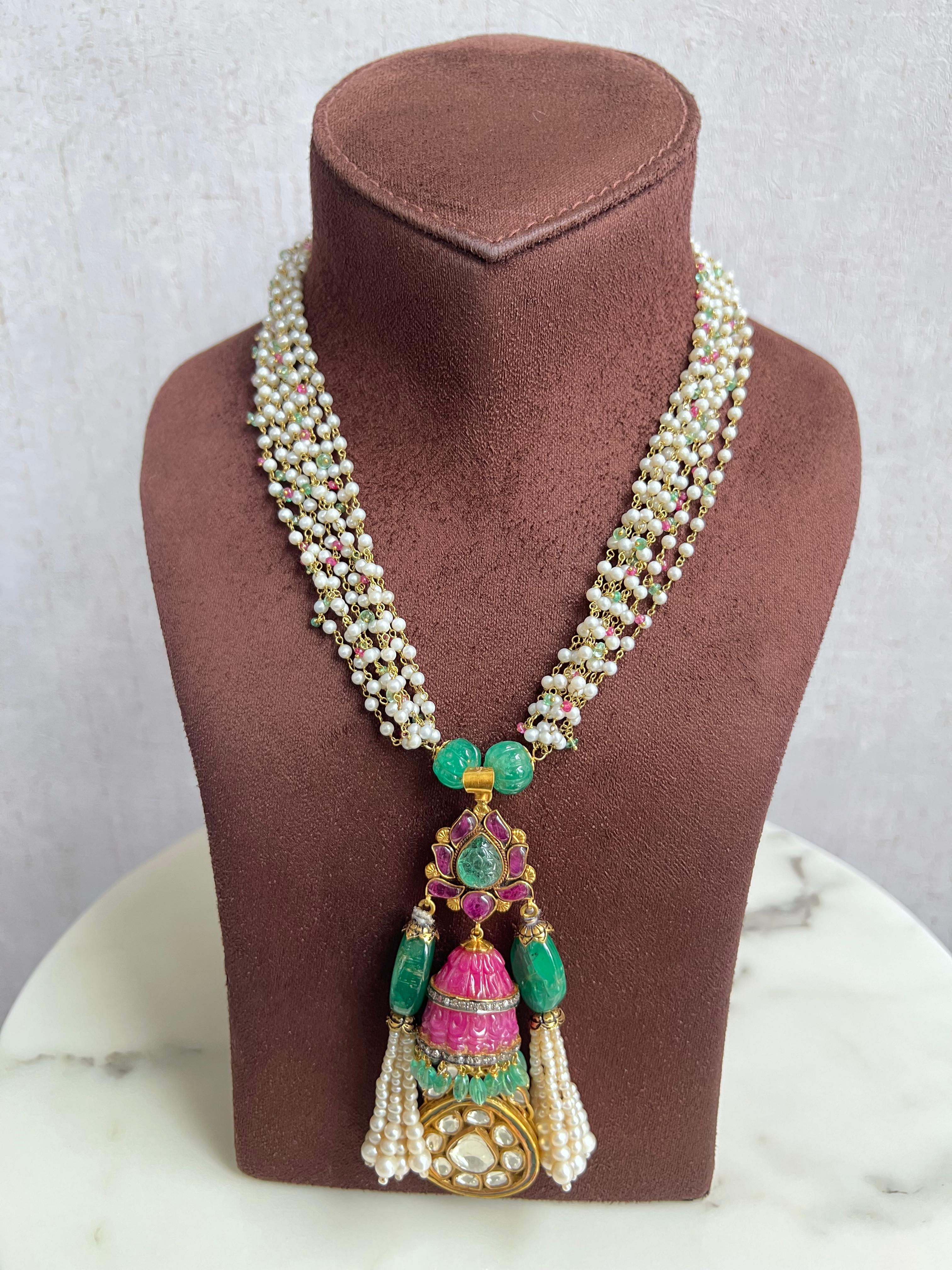 Carved Ruby Jumkis with Pearls Necklace