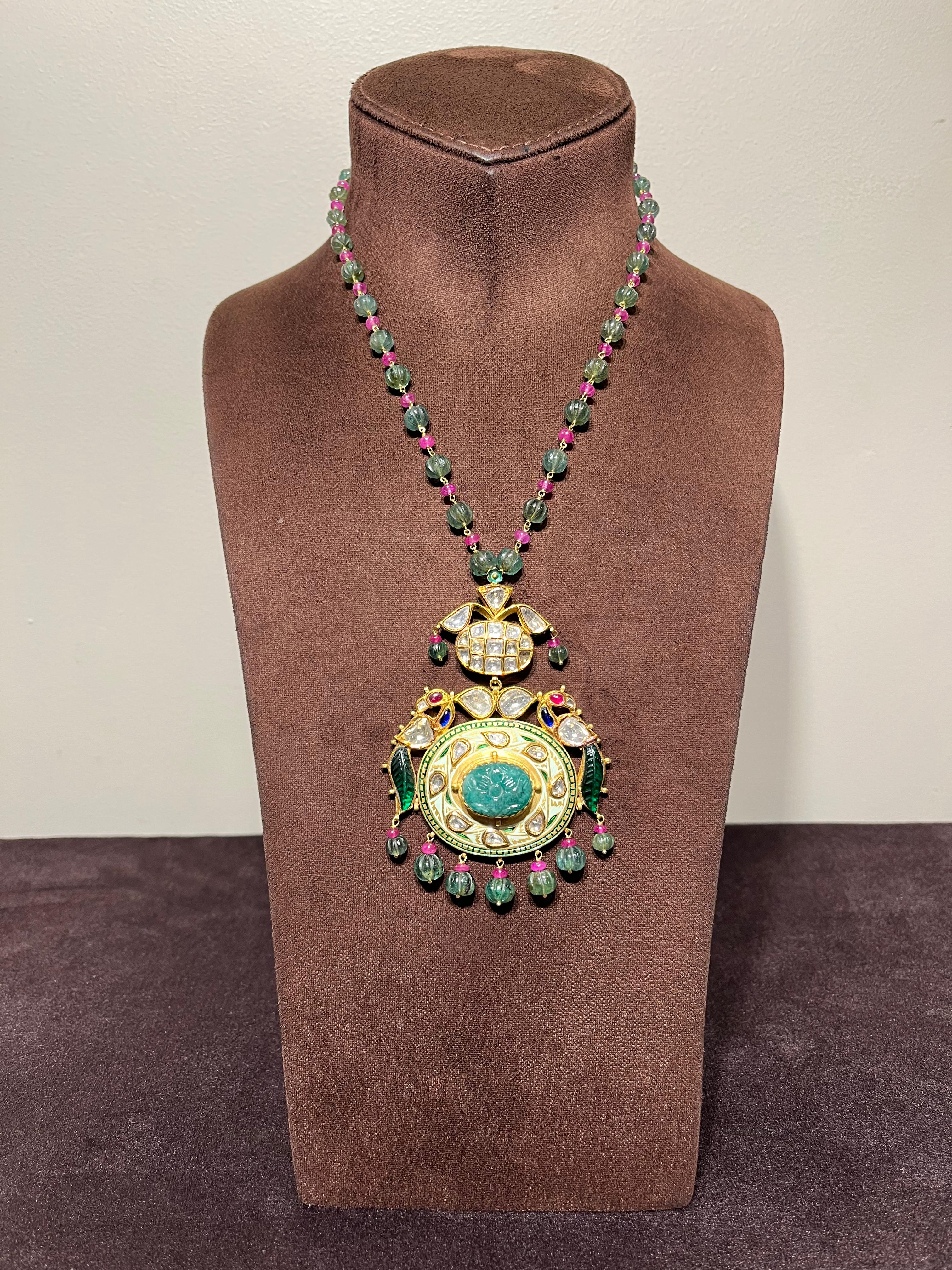 Peacock Motif Pendant with Carved Emerald and Pumpkin Shaped Emerald Beads