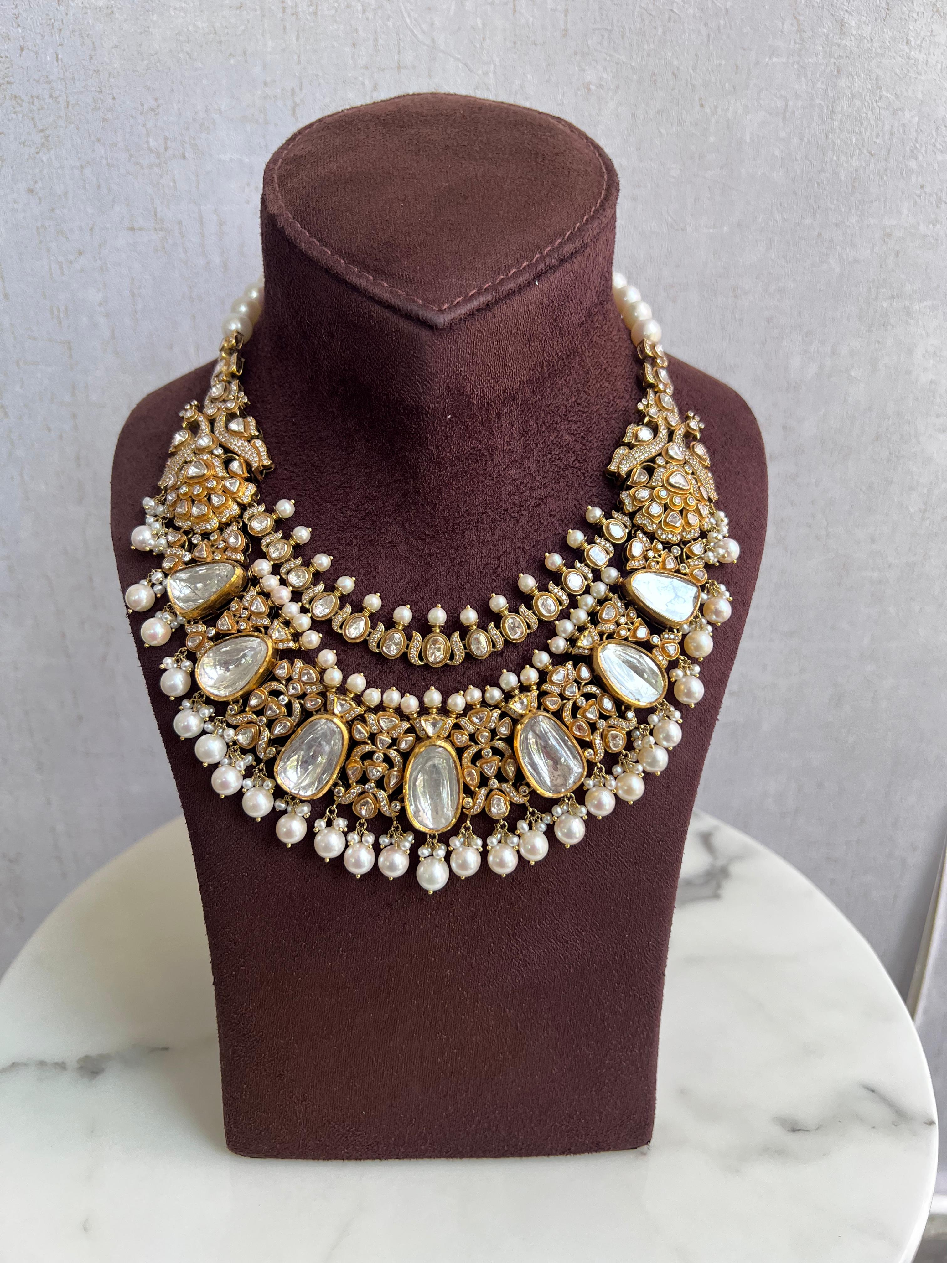 Kundan Setting Polki Necklace with Pearl Drop