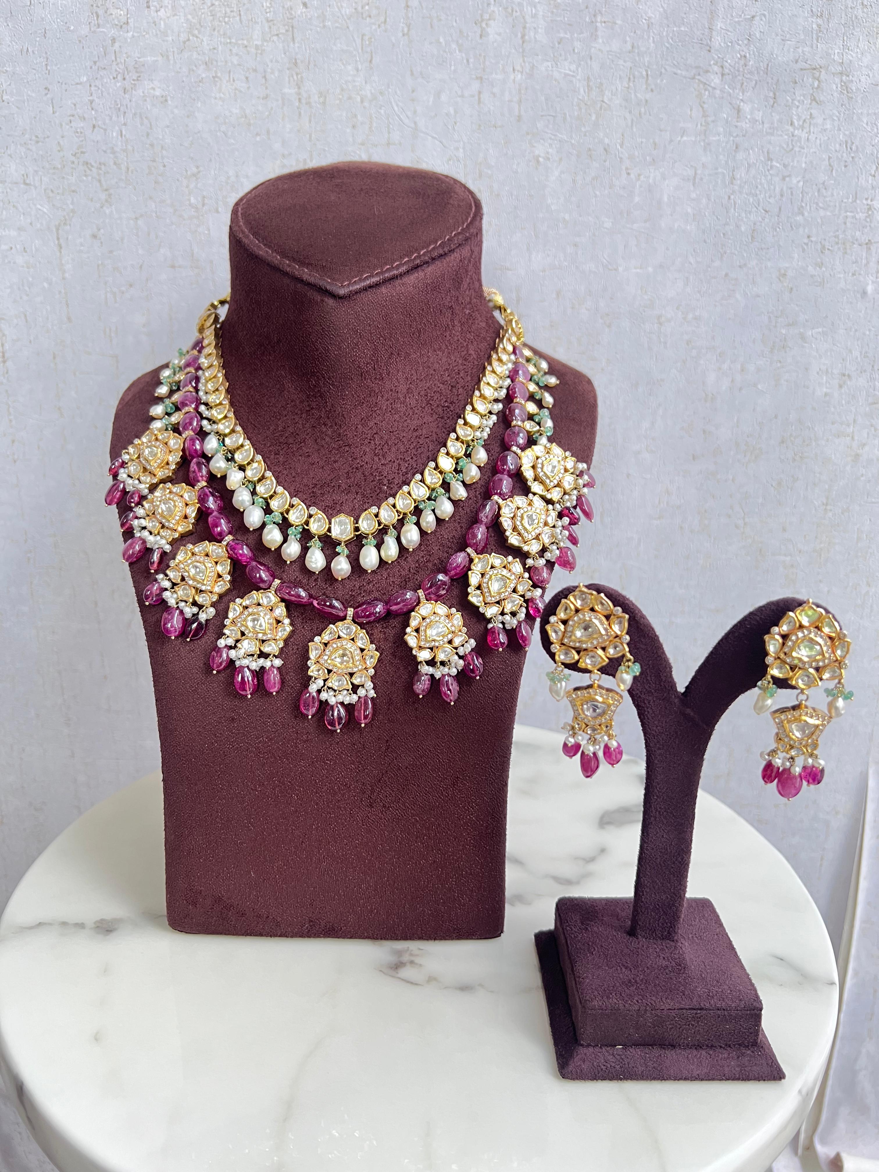 2 Layered Ruby and Emerald Beads Necklace with Pearls