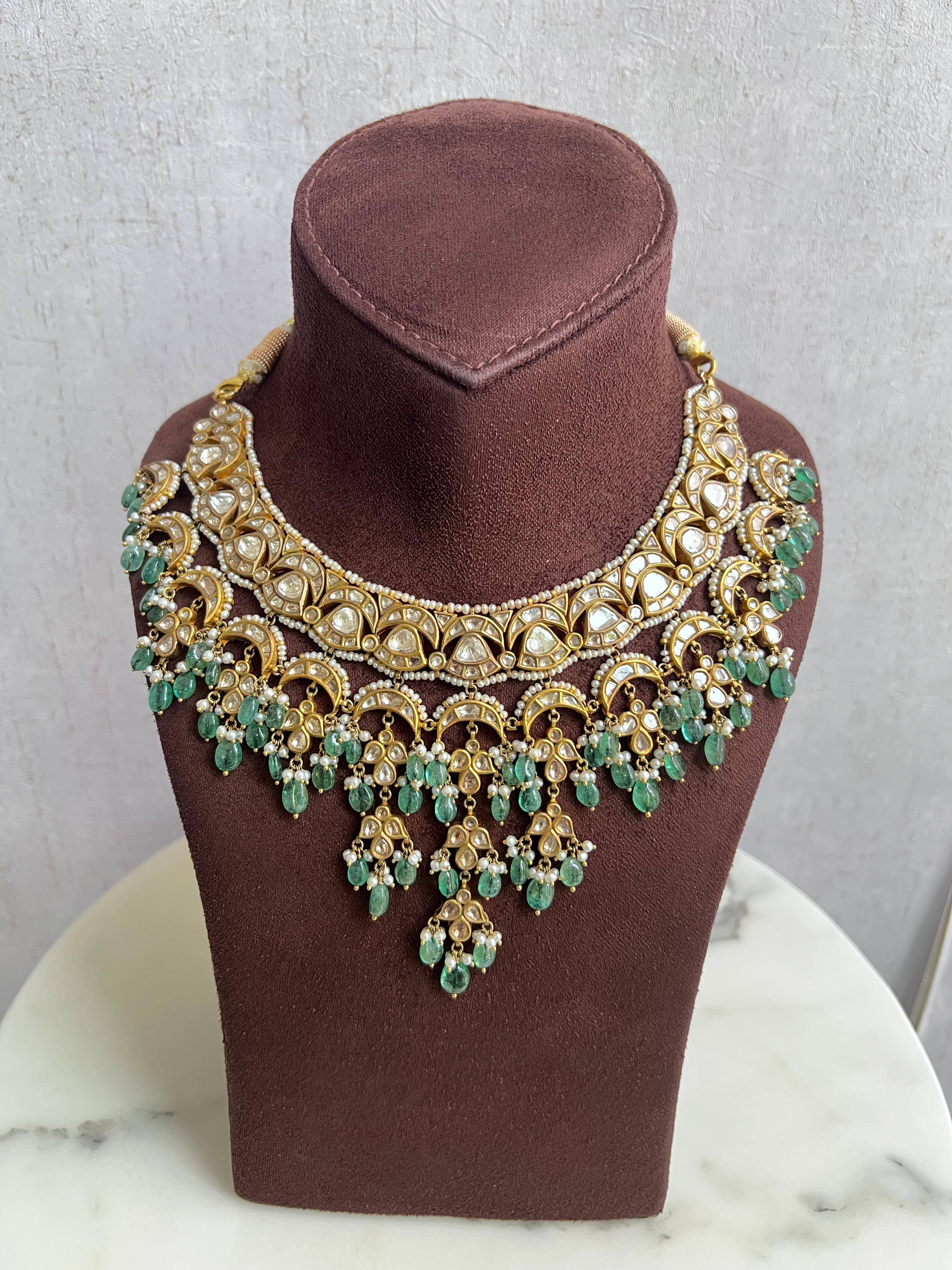 Kundan Setting Choker Necklace with Emerald Beads