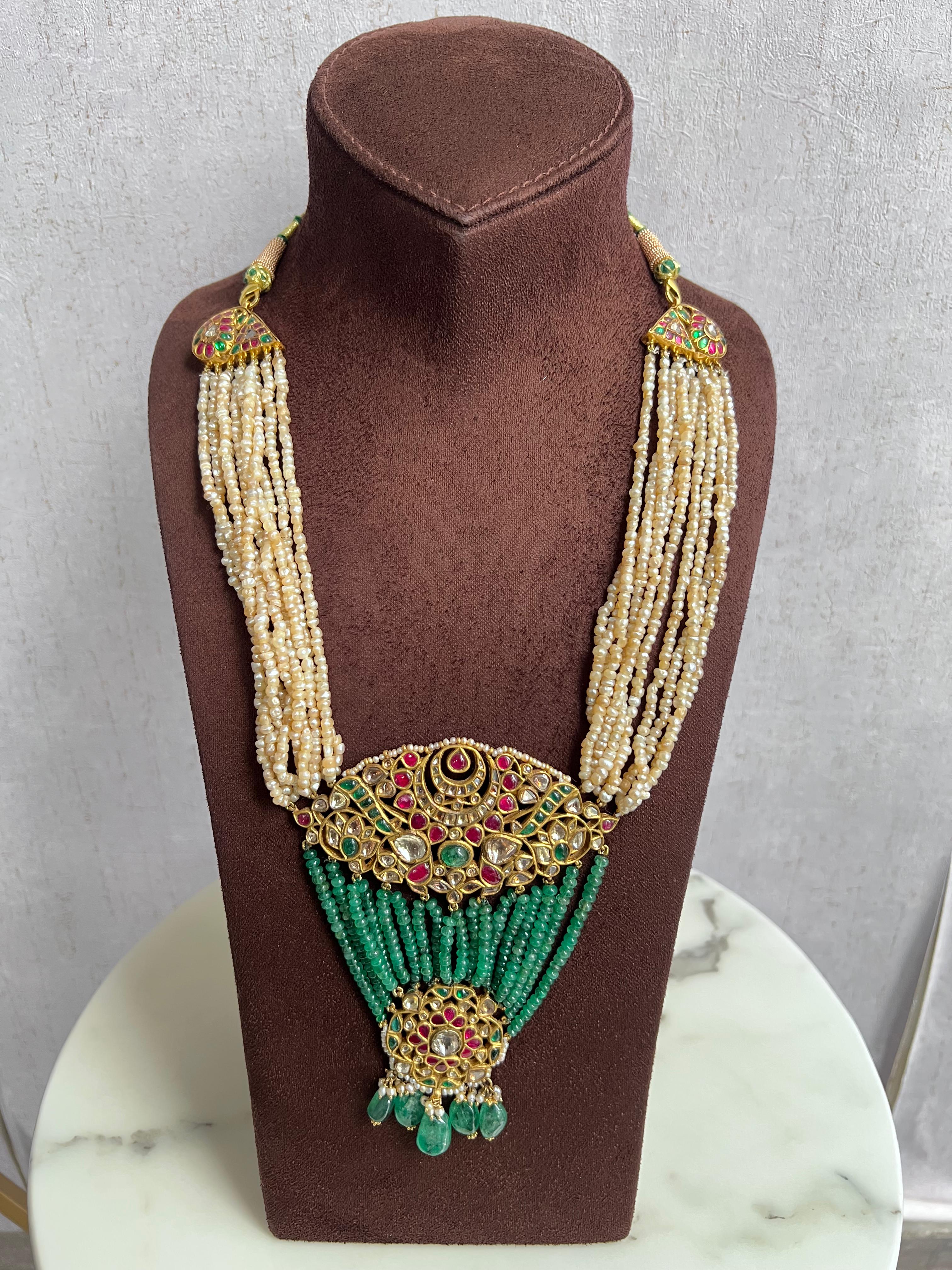 Basara Pearls Necklace with Kundan Pendant and Emerald Beads