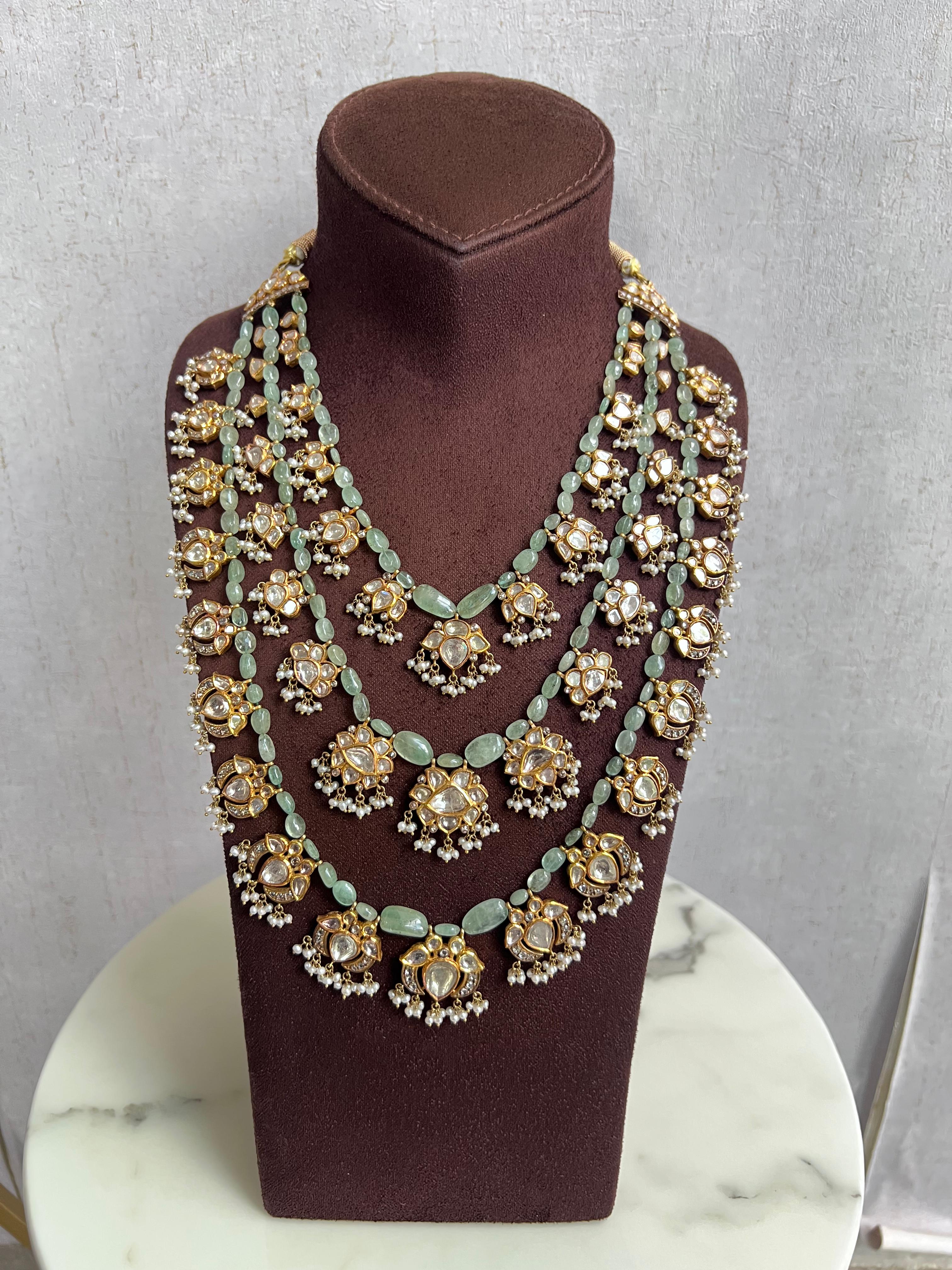 3 Layered Emerald Beads Necklace with Kundan setting