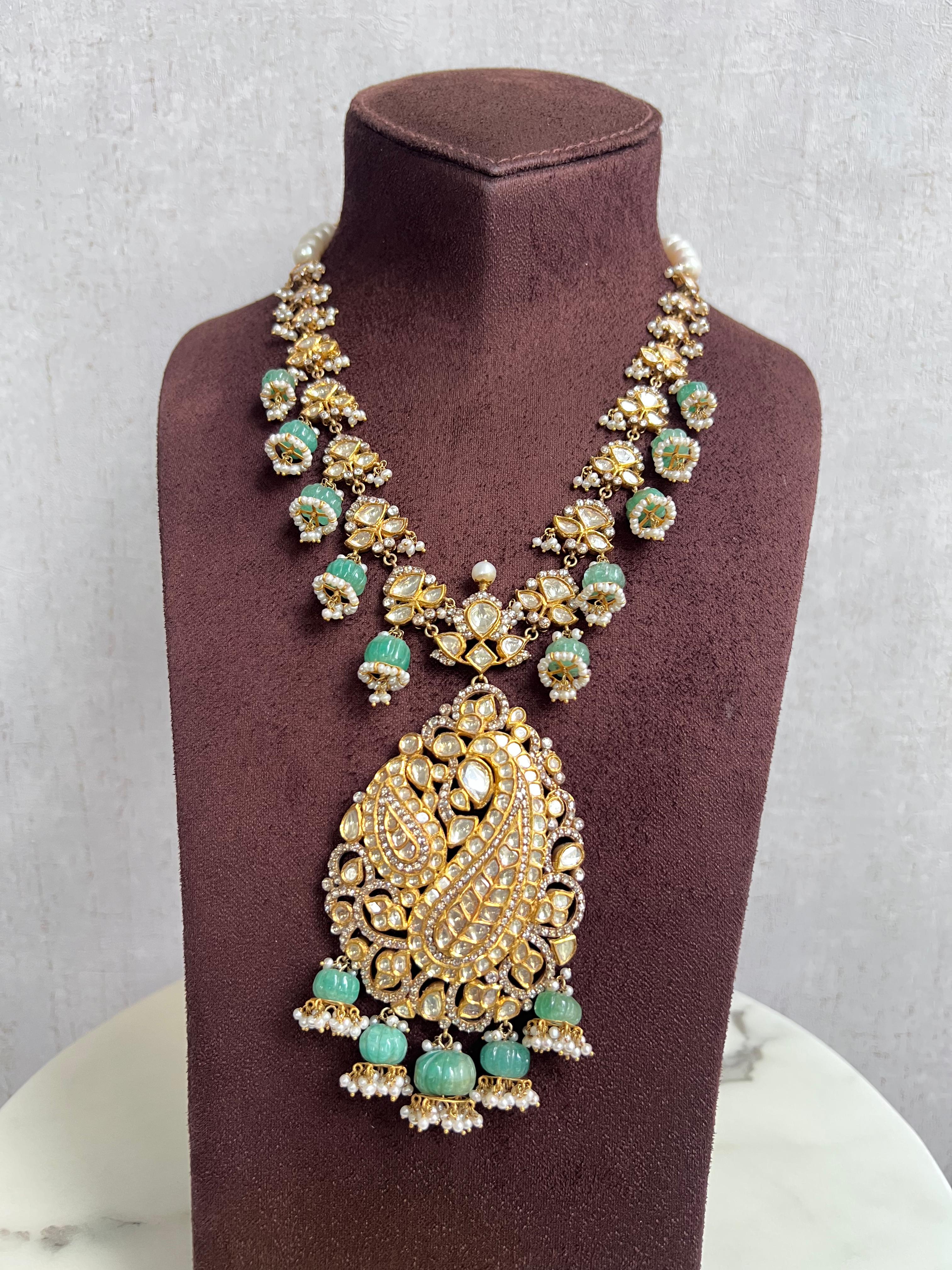 Kundan Necklace with Pumpkin Russian Emerald and Polki Pendant