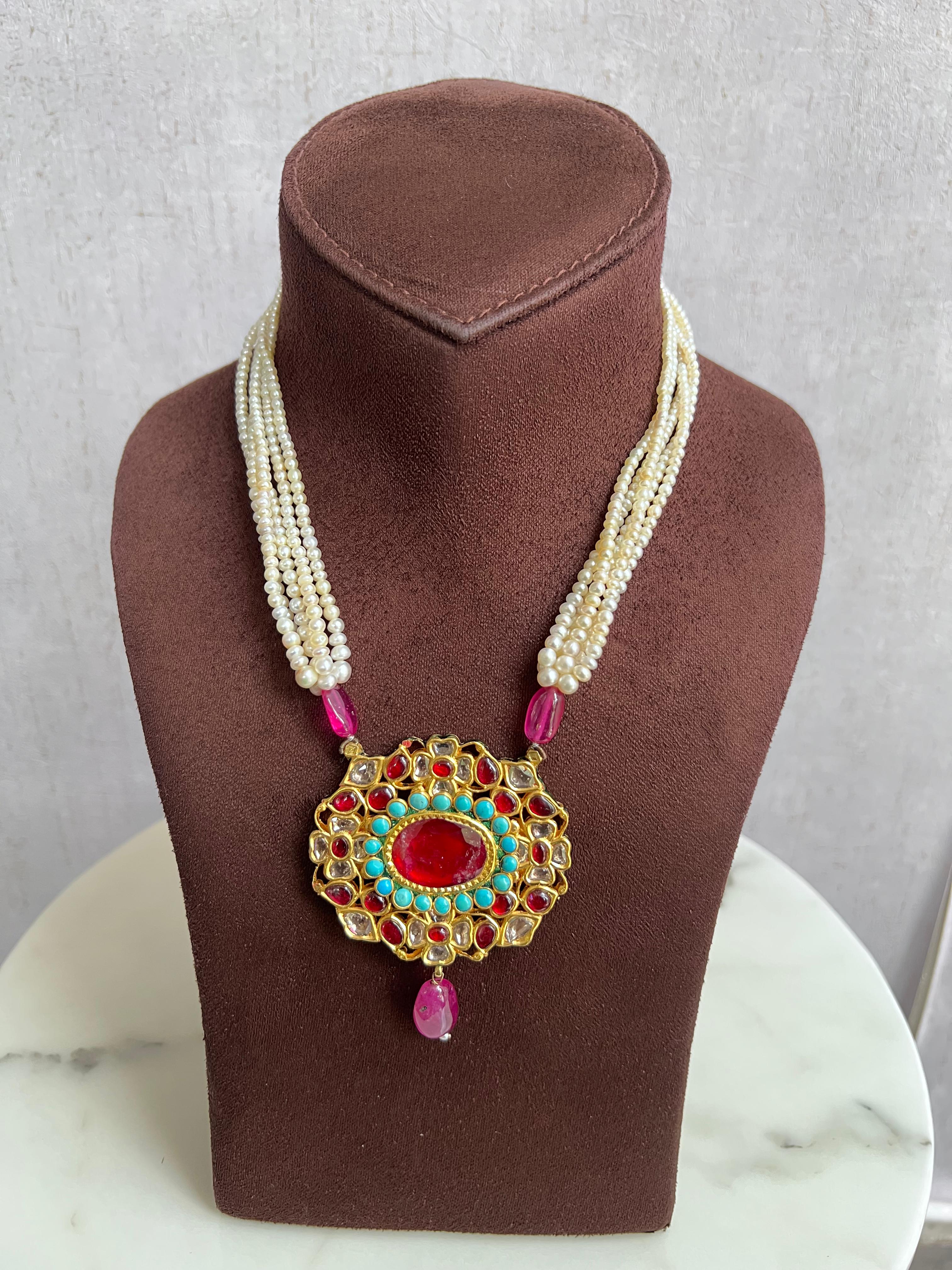 Kundan Pendant With Pearl Beads with Rubies