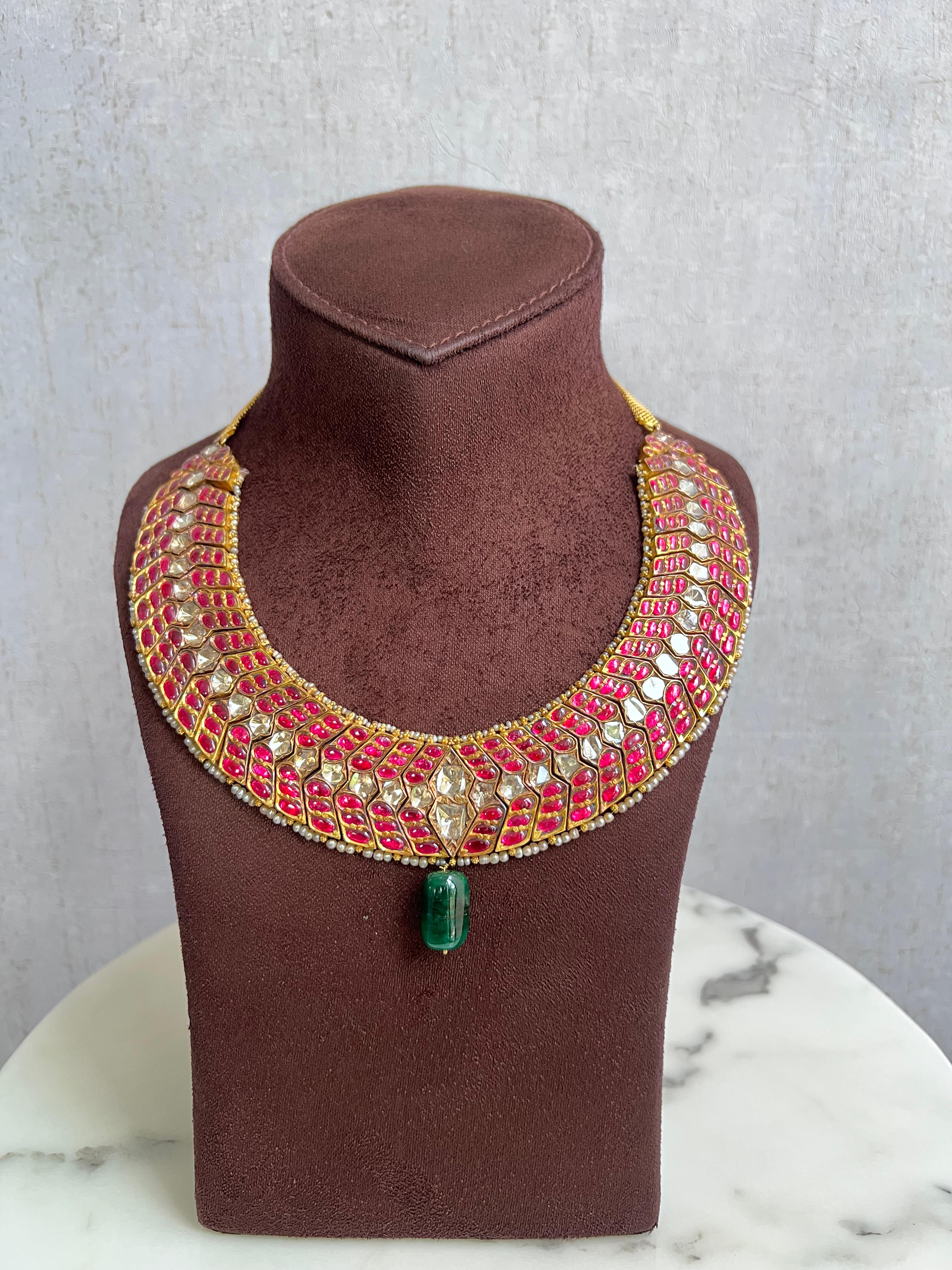 Fancy Kundan Necklace with Ruby and Emerald Bead