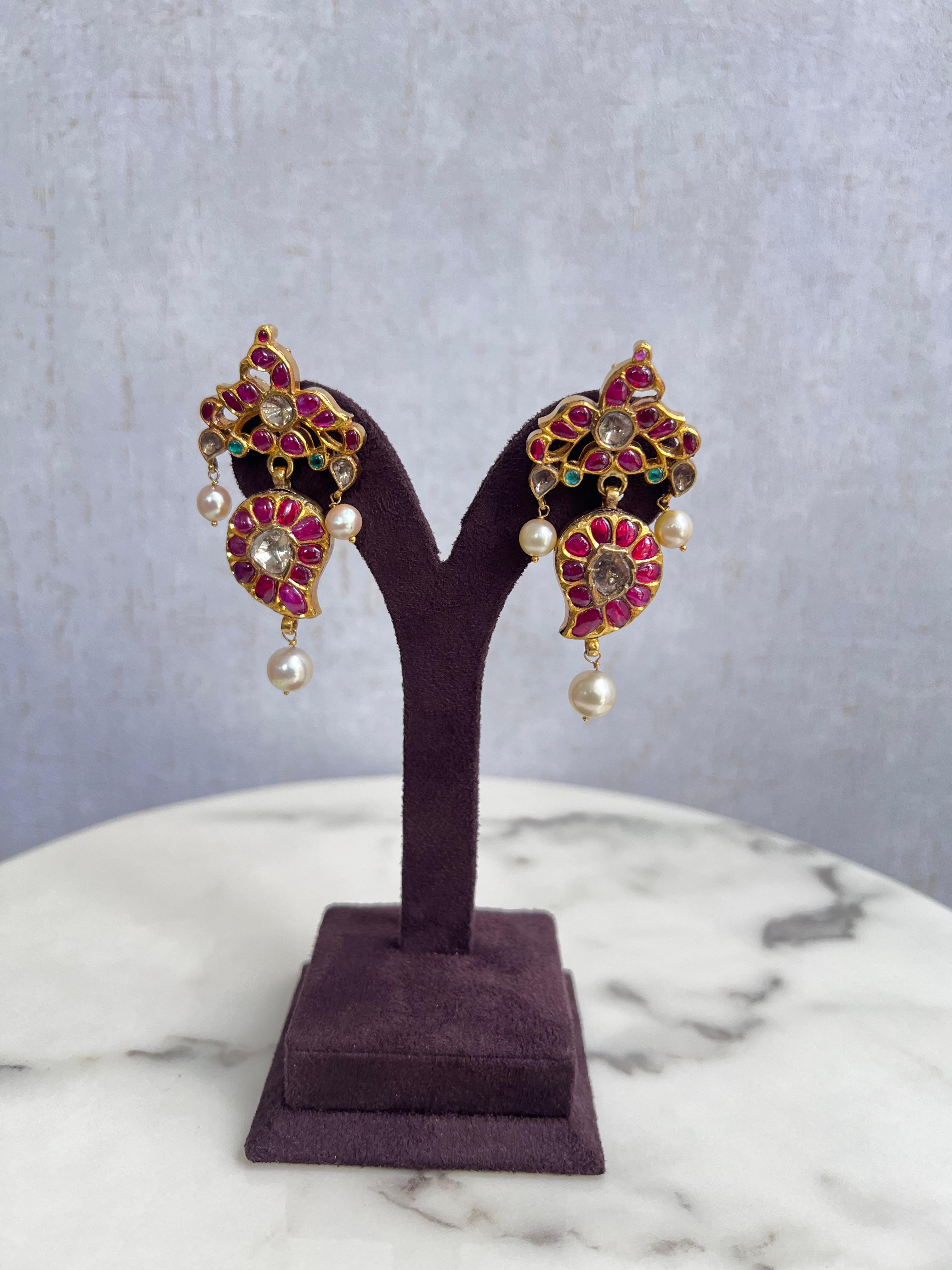 Traditional Kundan Earrings with Rubies and Emerald