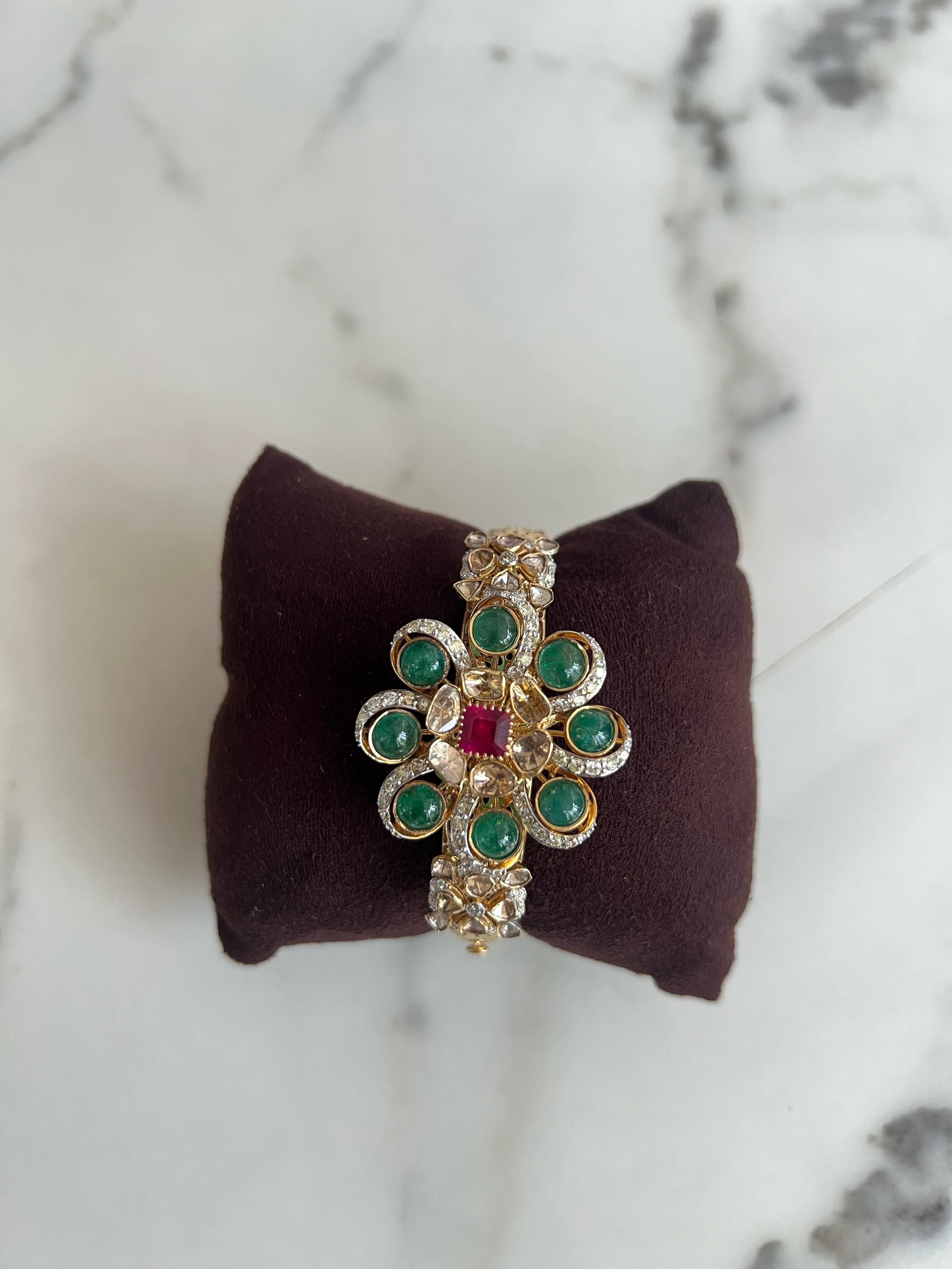 Floral polki kada with Emerald Floral polki kada with Emerald