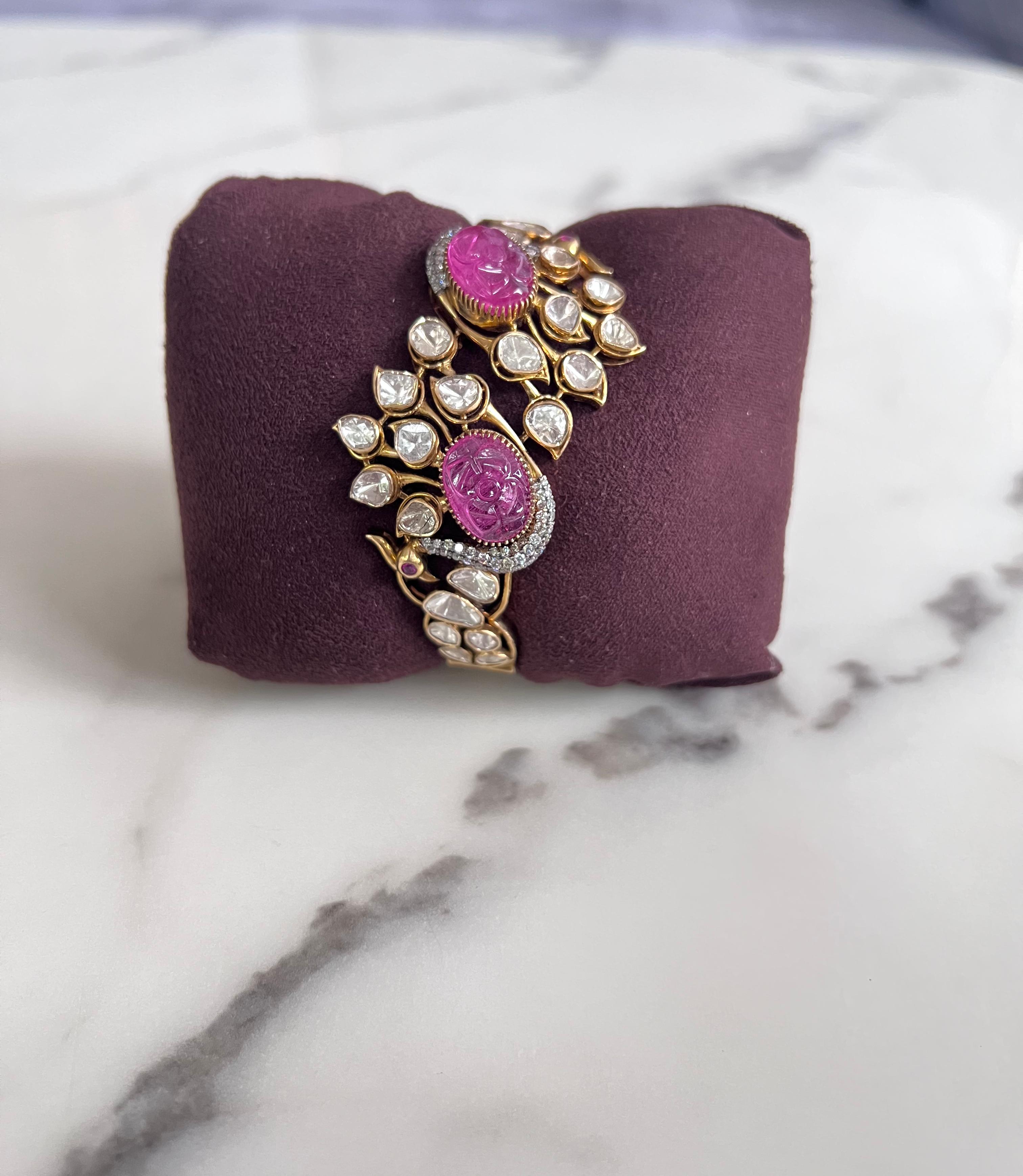 Peacock Motif Polki Kada with Carved Rubies