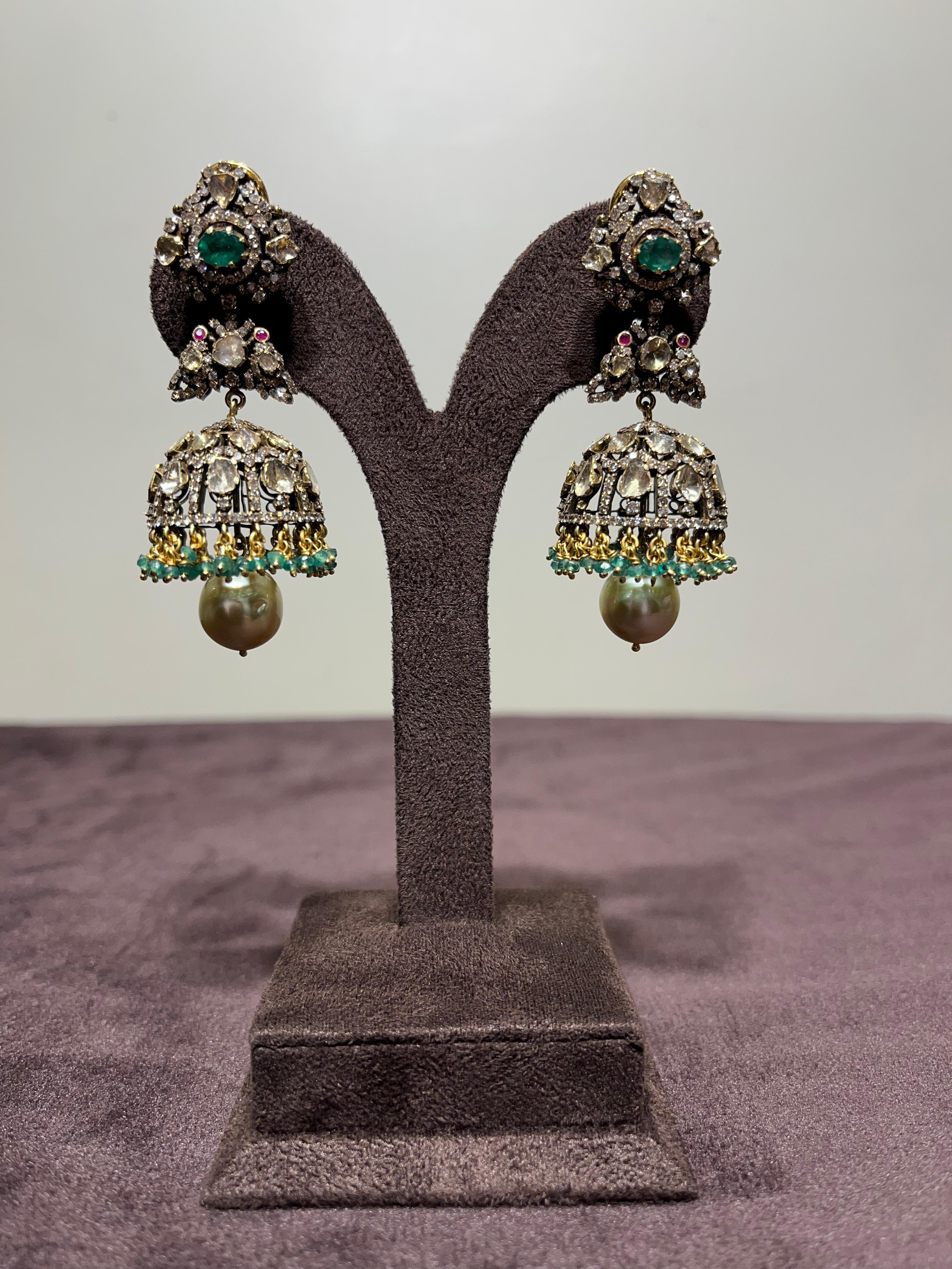 Elegant Victorian Jumkies with Emerald Beads and Pearl