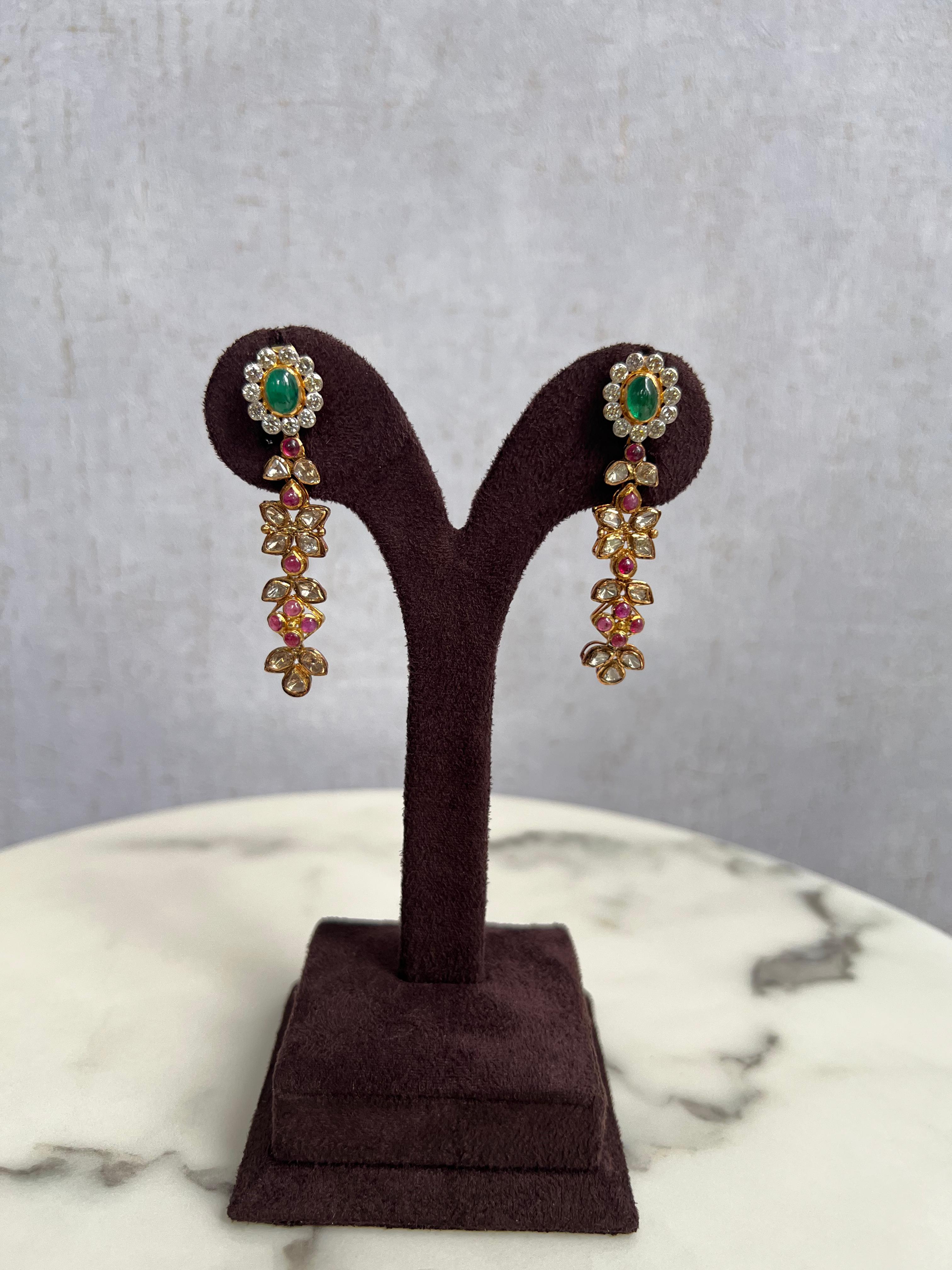 Simple Polki Earrings with Ruby and Emerald