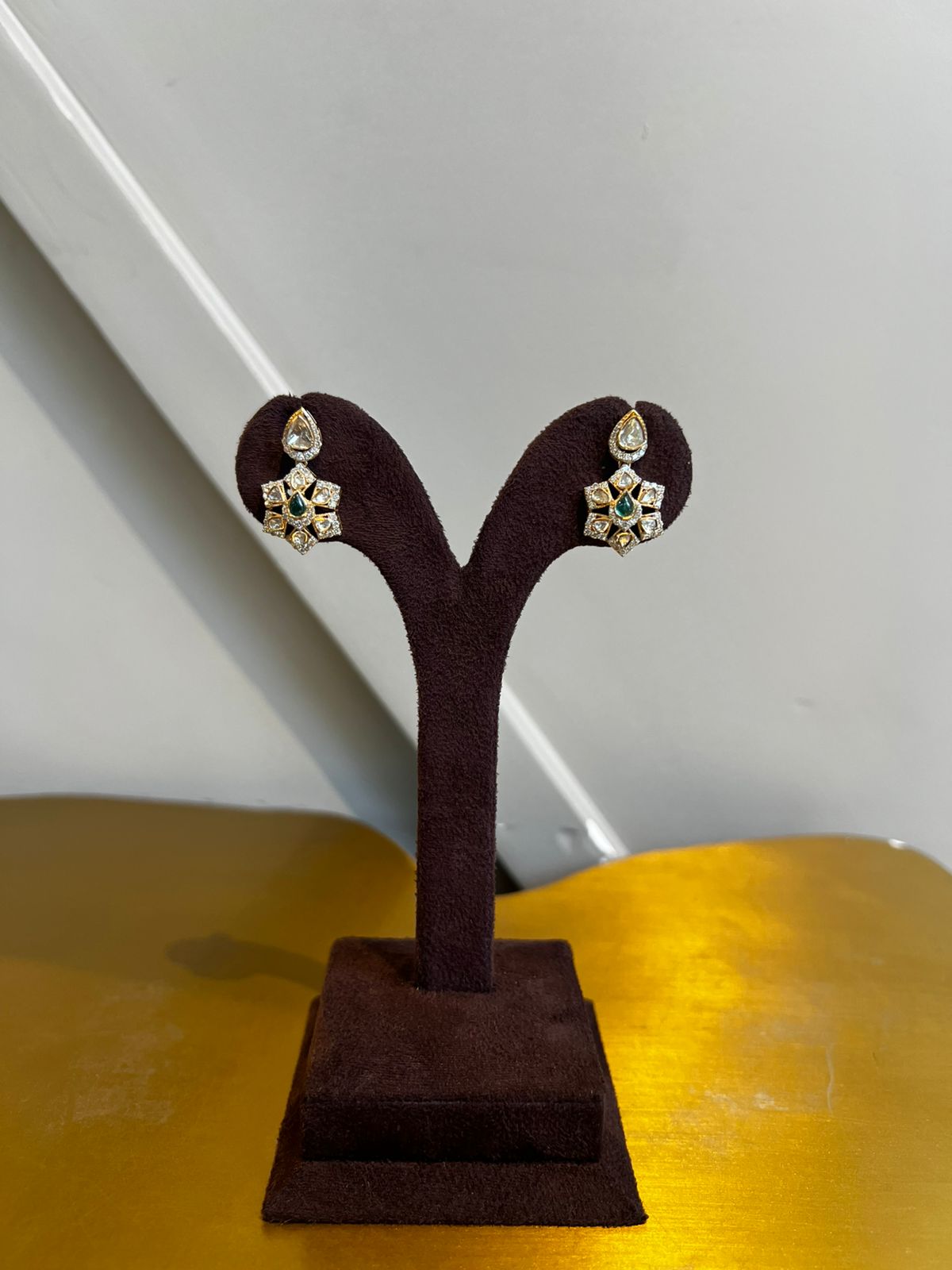 Sparkling Polki Earrings with Emerald and Tourmaline Beads