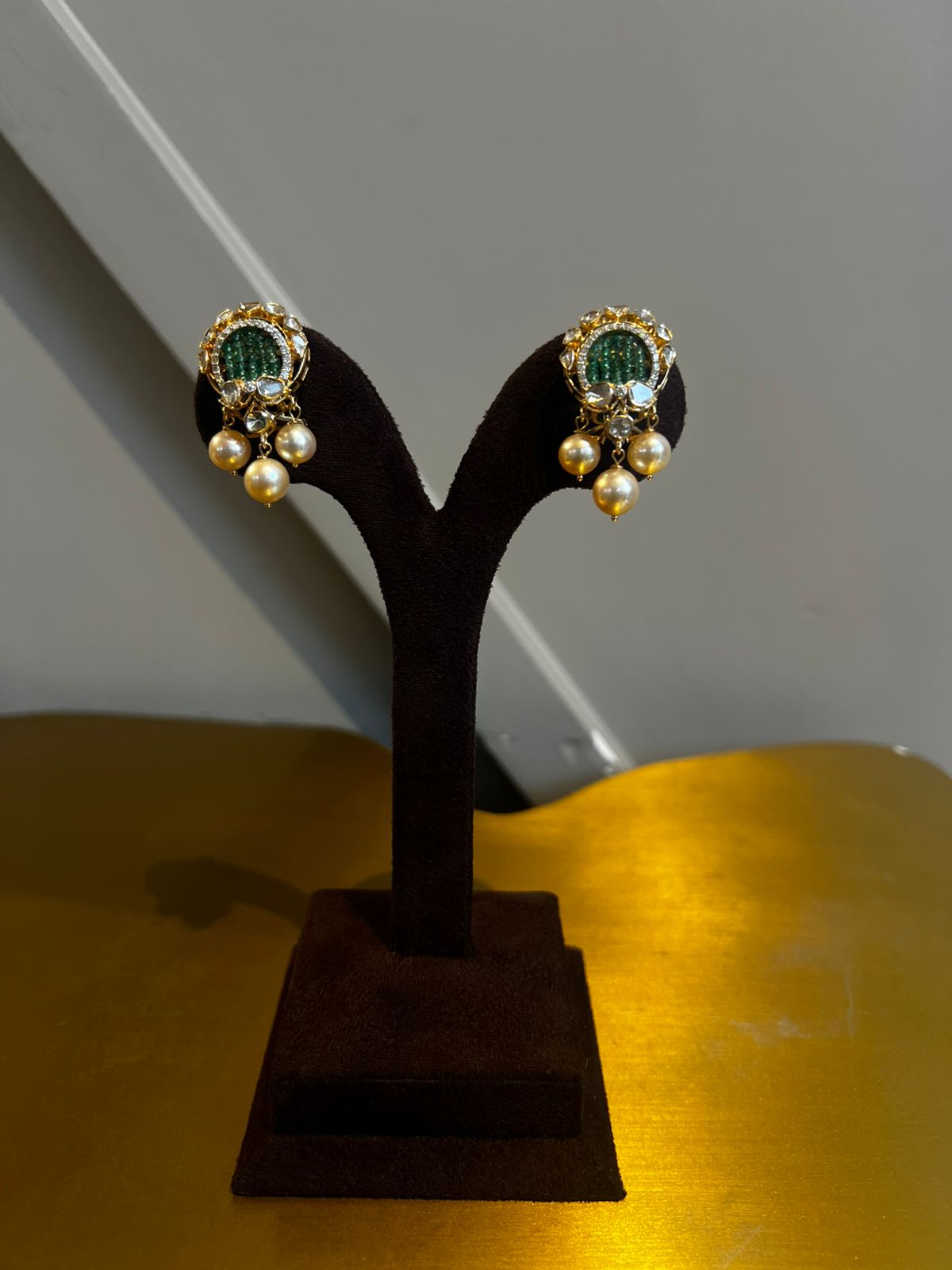 Handcrafted Polki Earrings with Emerald and South Sea Pearls