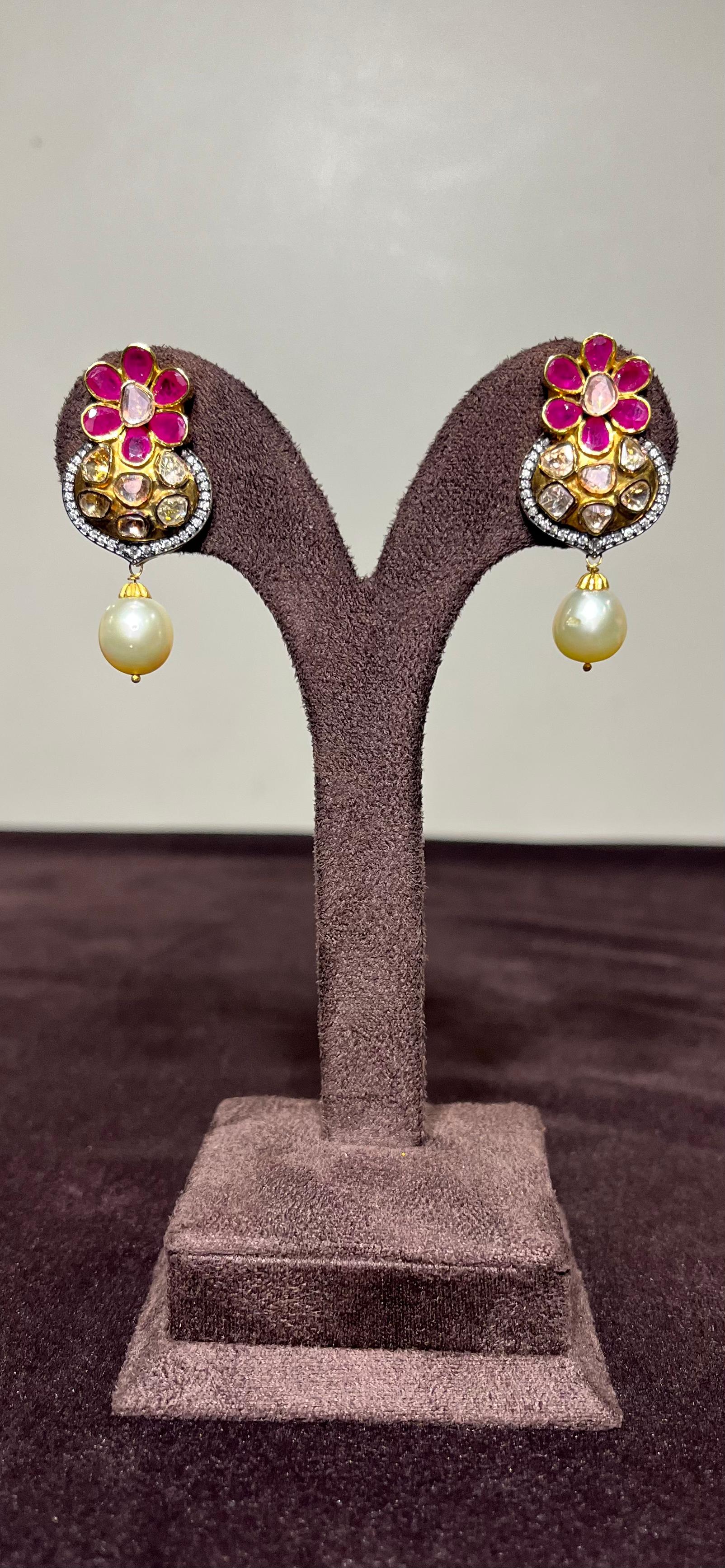 Ruby Floral Polki Hangings with Pearl Drop