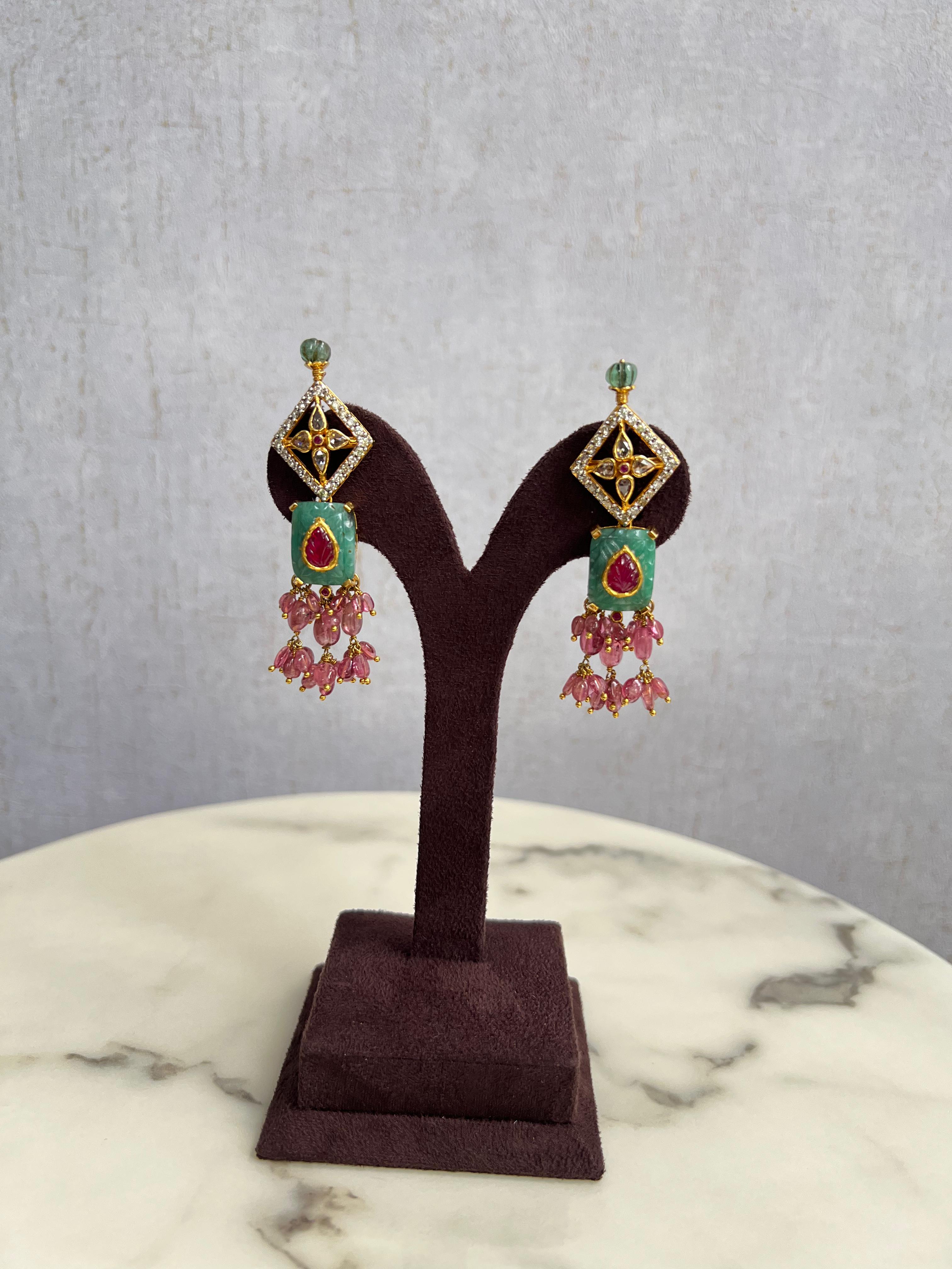Timeless Polki Earrings with Tourmaline Beads