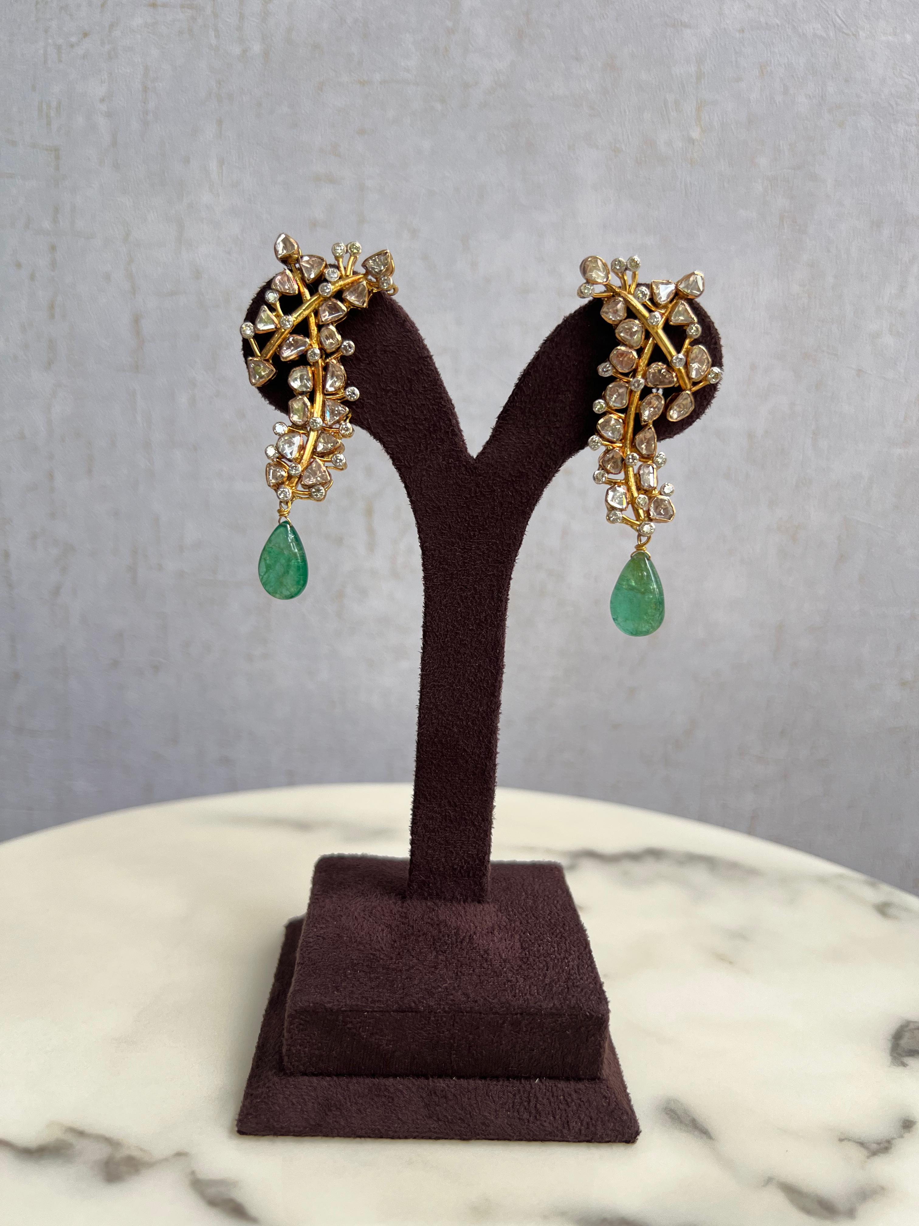 Elegant Polki Earrings with Emerald drops