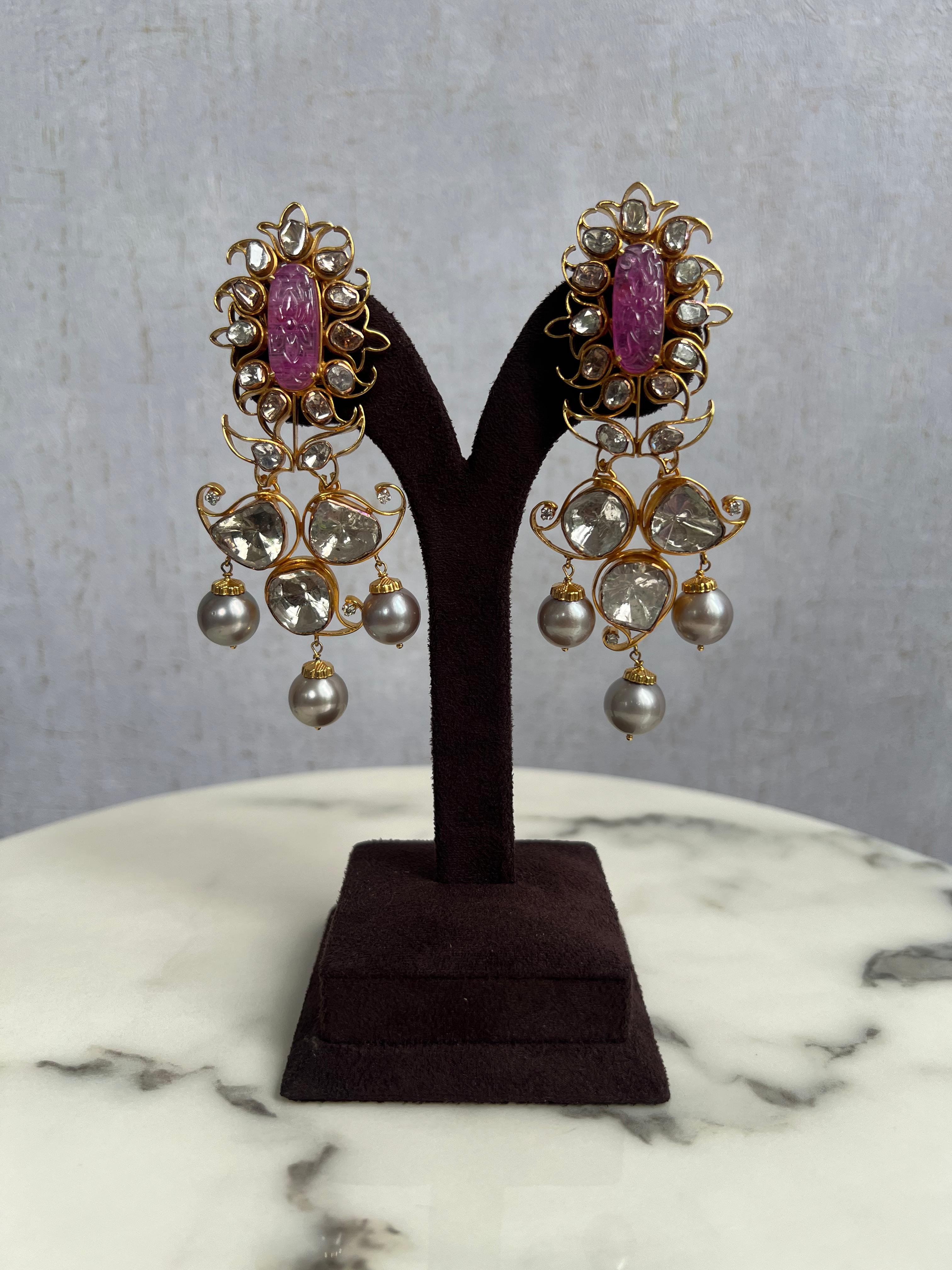 Carved Pink Sapphire Polki hangings