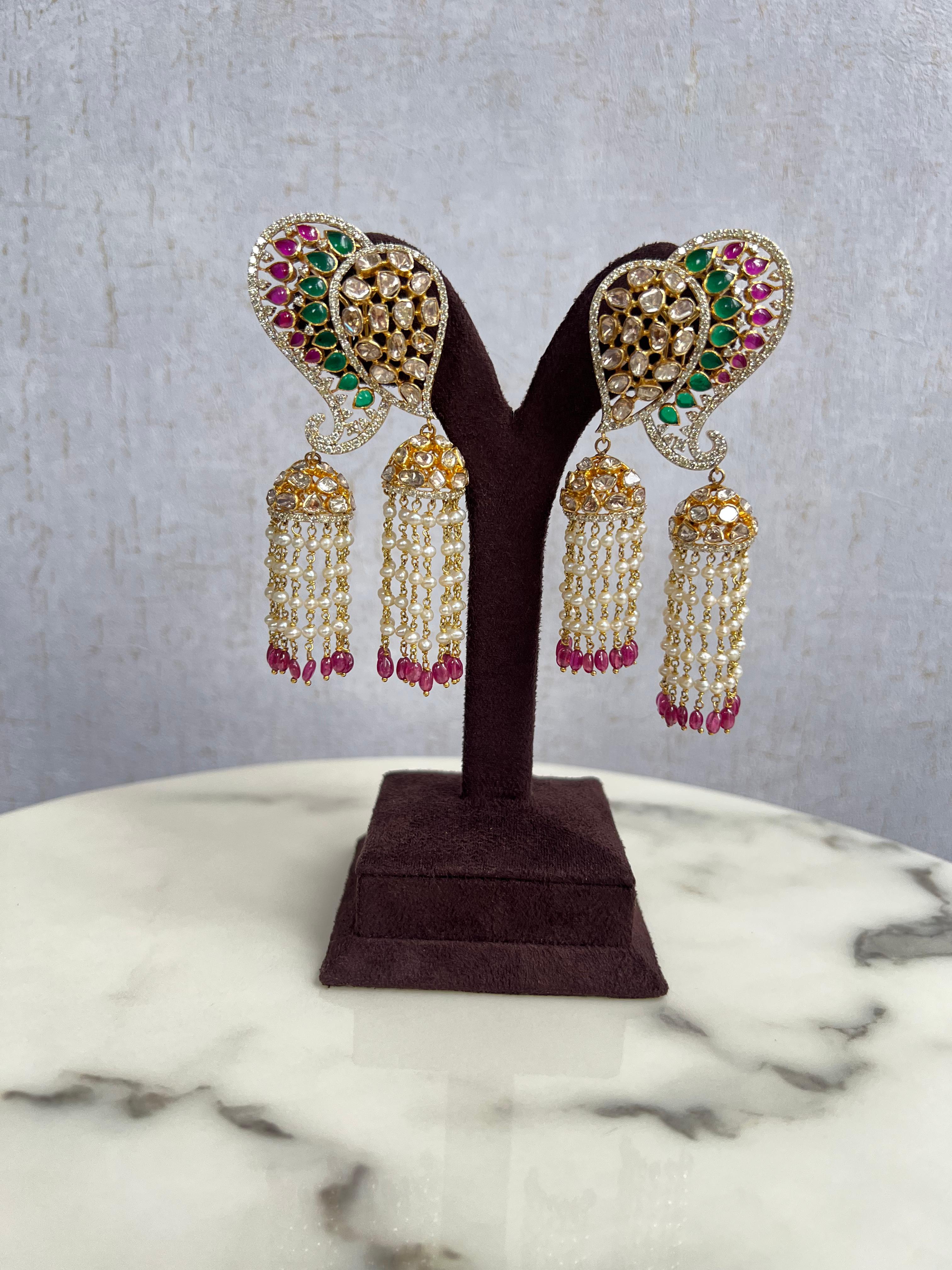 Fancy Polki Hangings with Pearl Strings