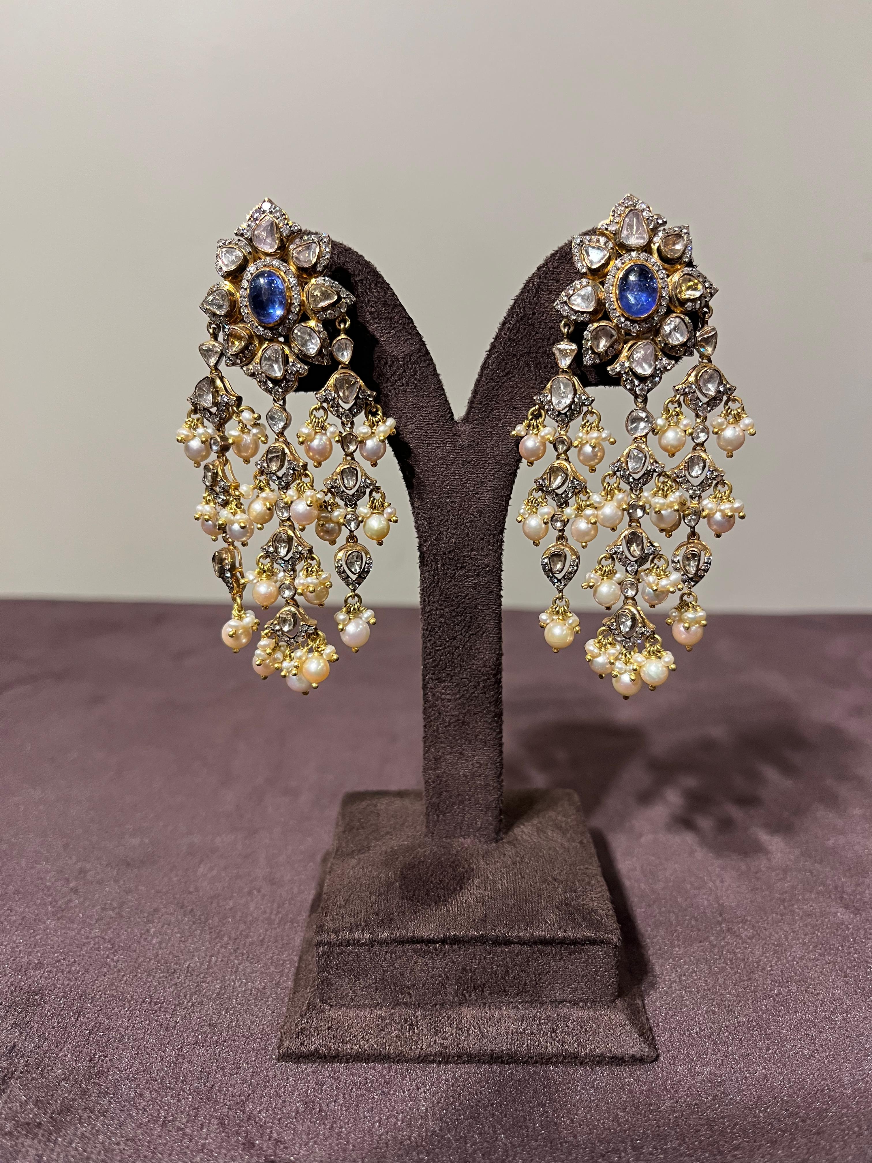 Chic Polki Earrings with Tanzanite and Pearls