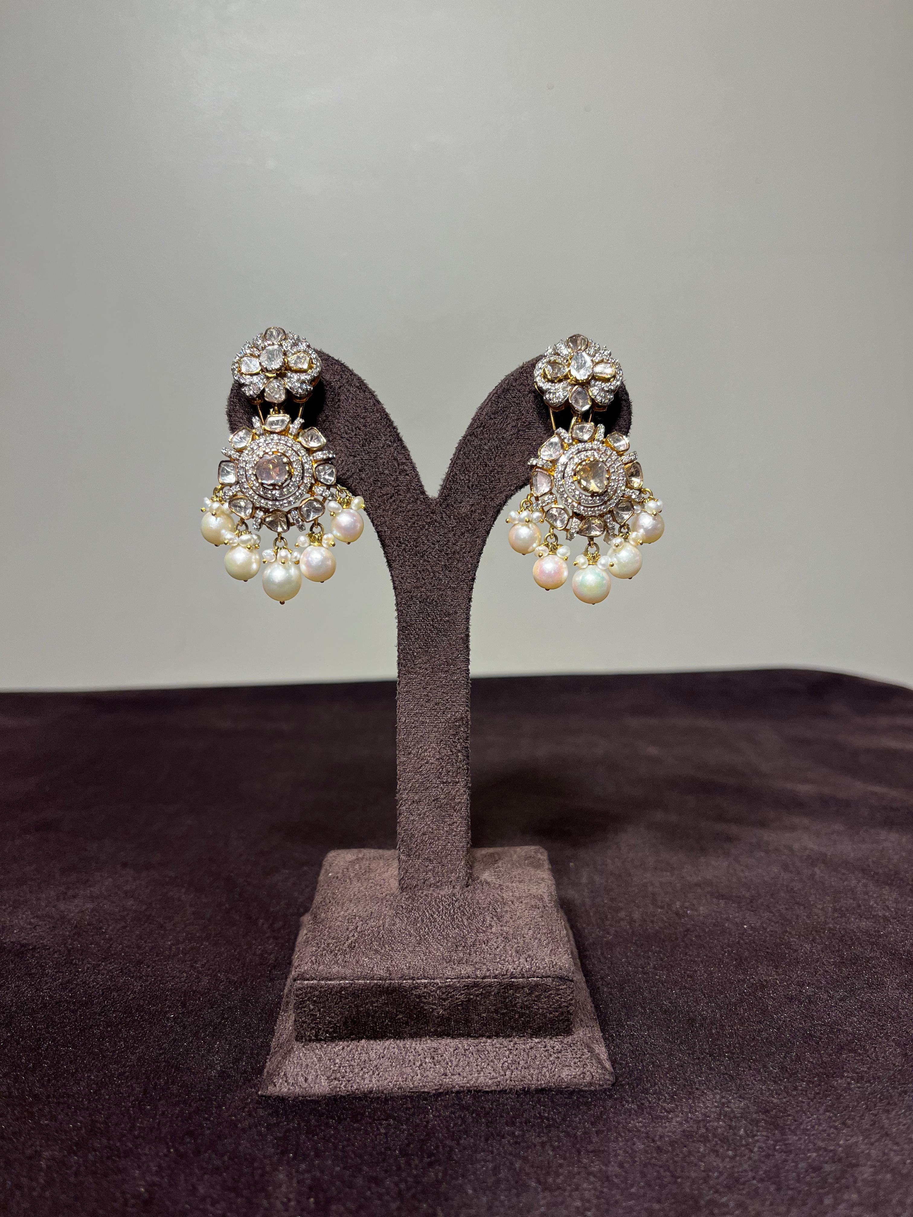 Classic Floral Polki Hangings with Pearl drop