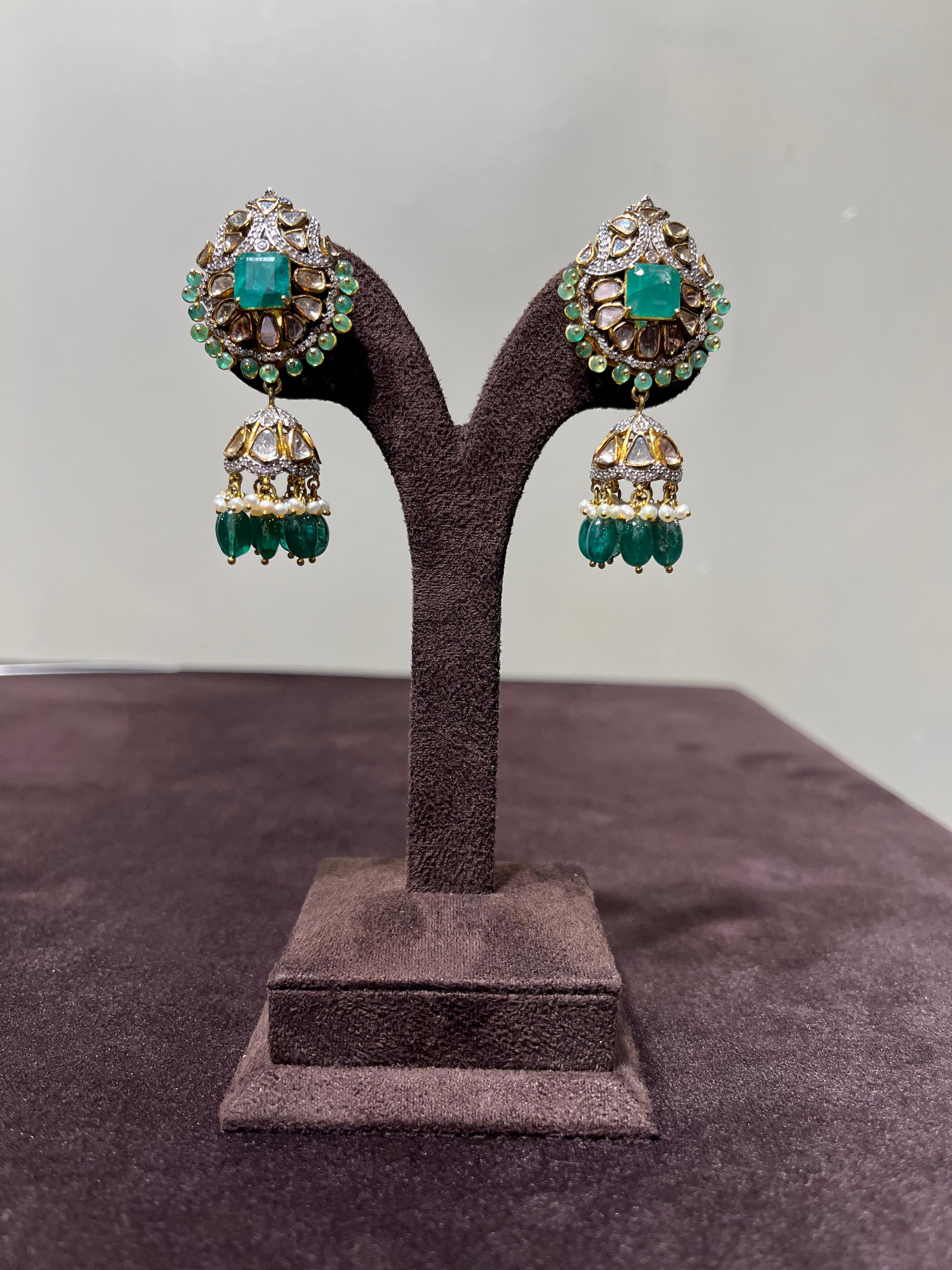 Polki with Pearl and Emerald Earrings
