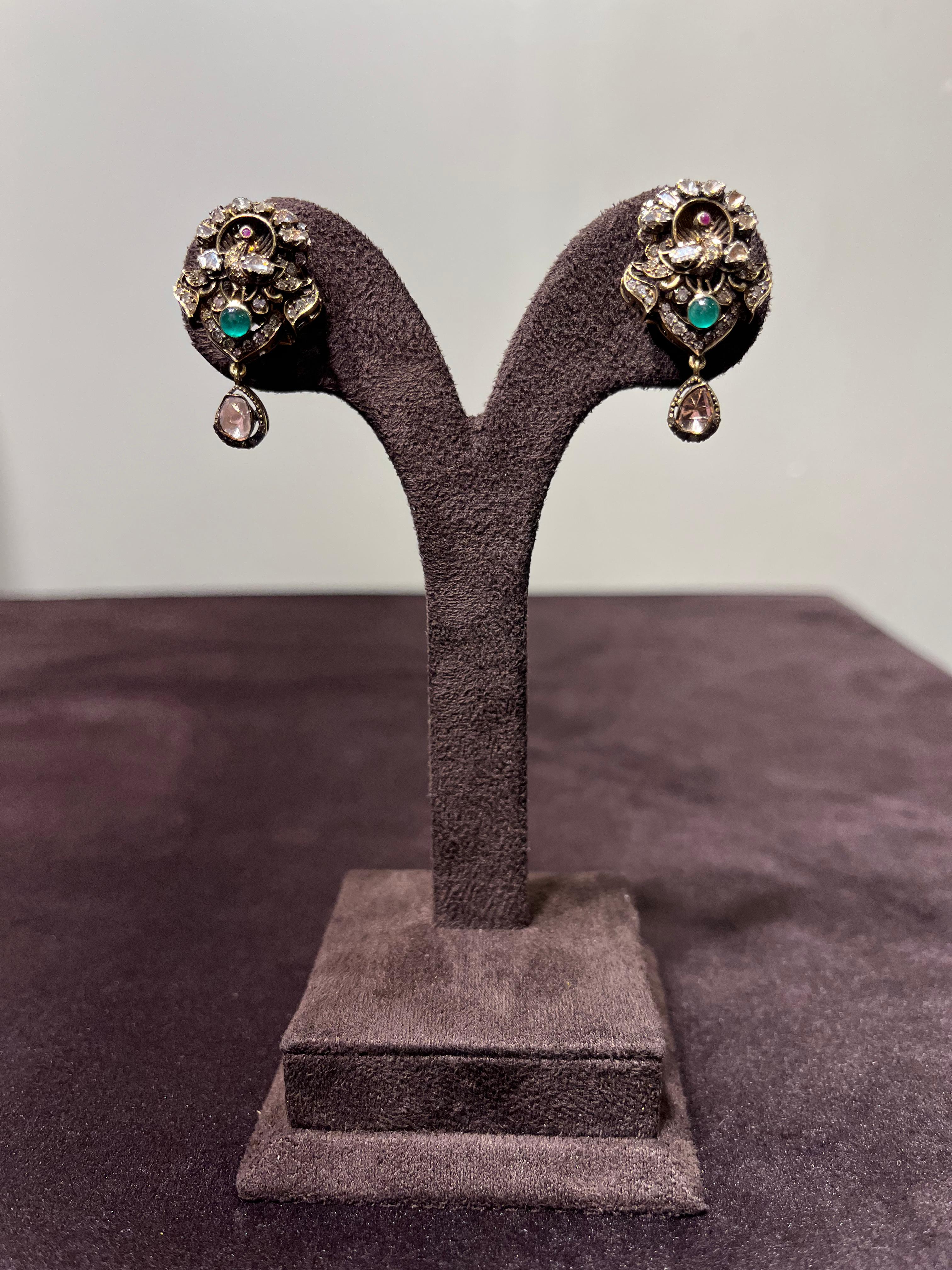 Victorian Peacock Motif with Corals and Emerald Earrings