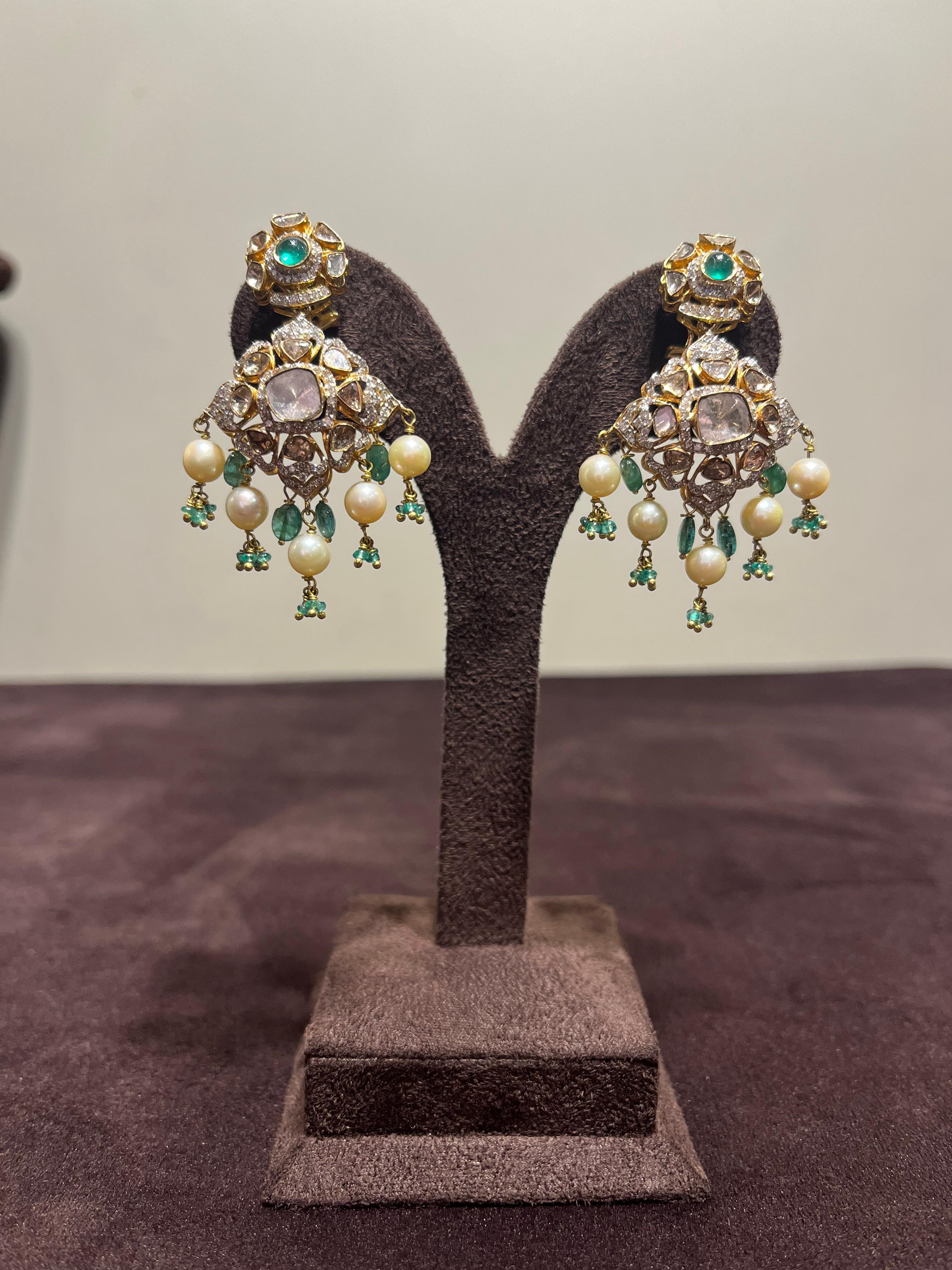 Fancy Polki Hangings with Pearls and Emerald Beads