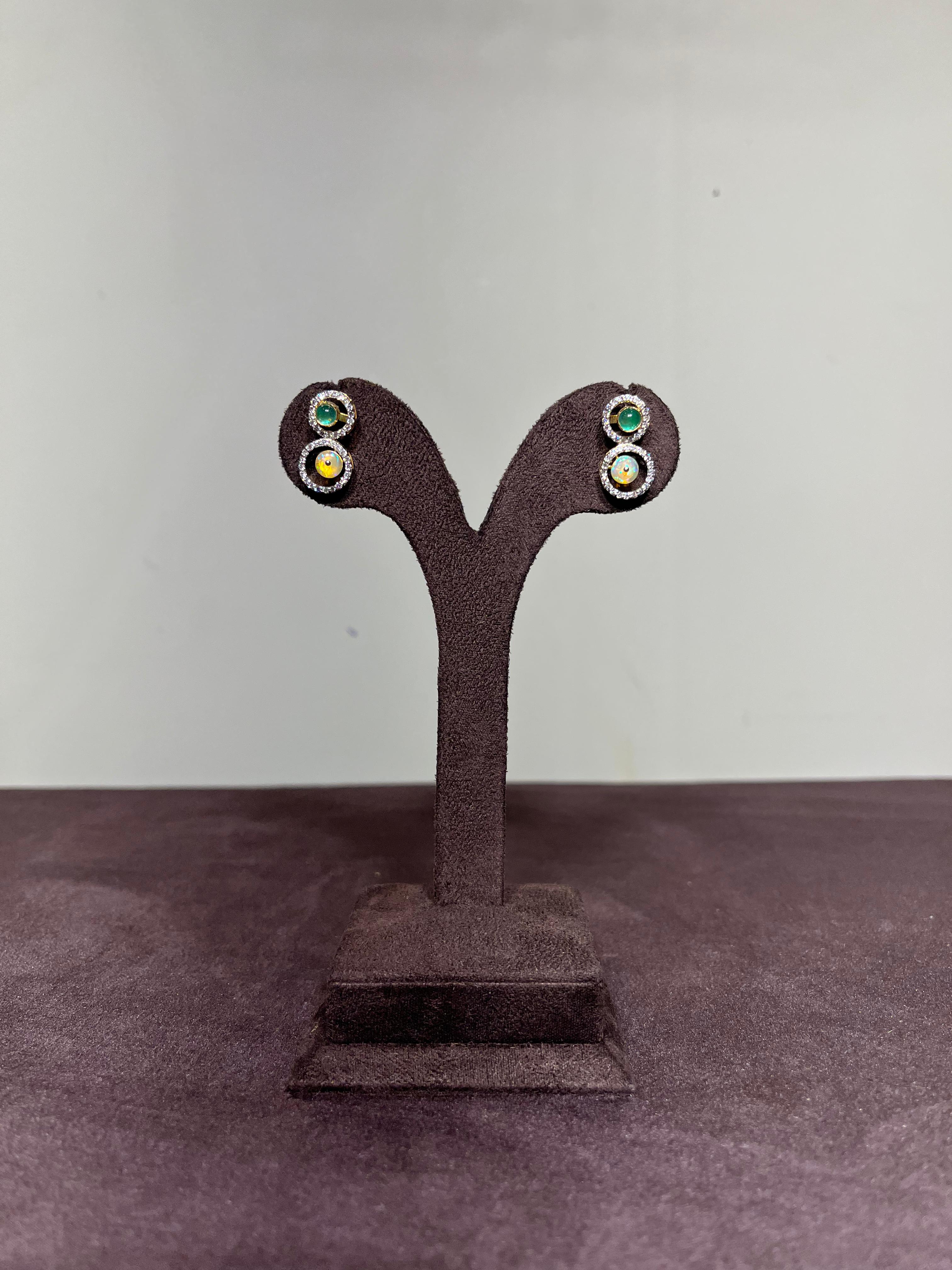 Simple Polki Earrings with Zambian Emerald and Opal