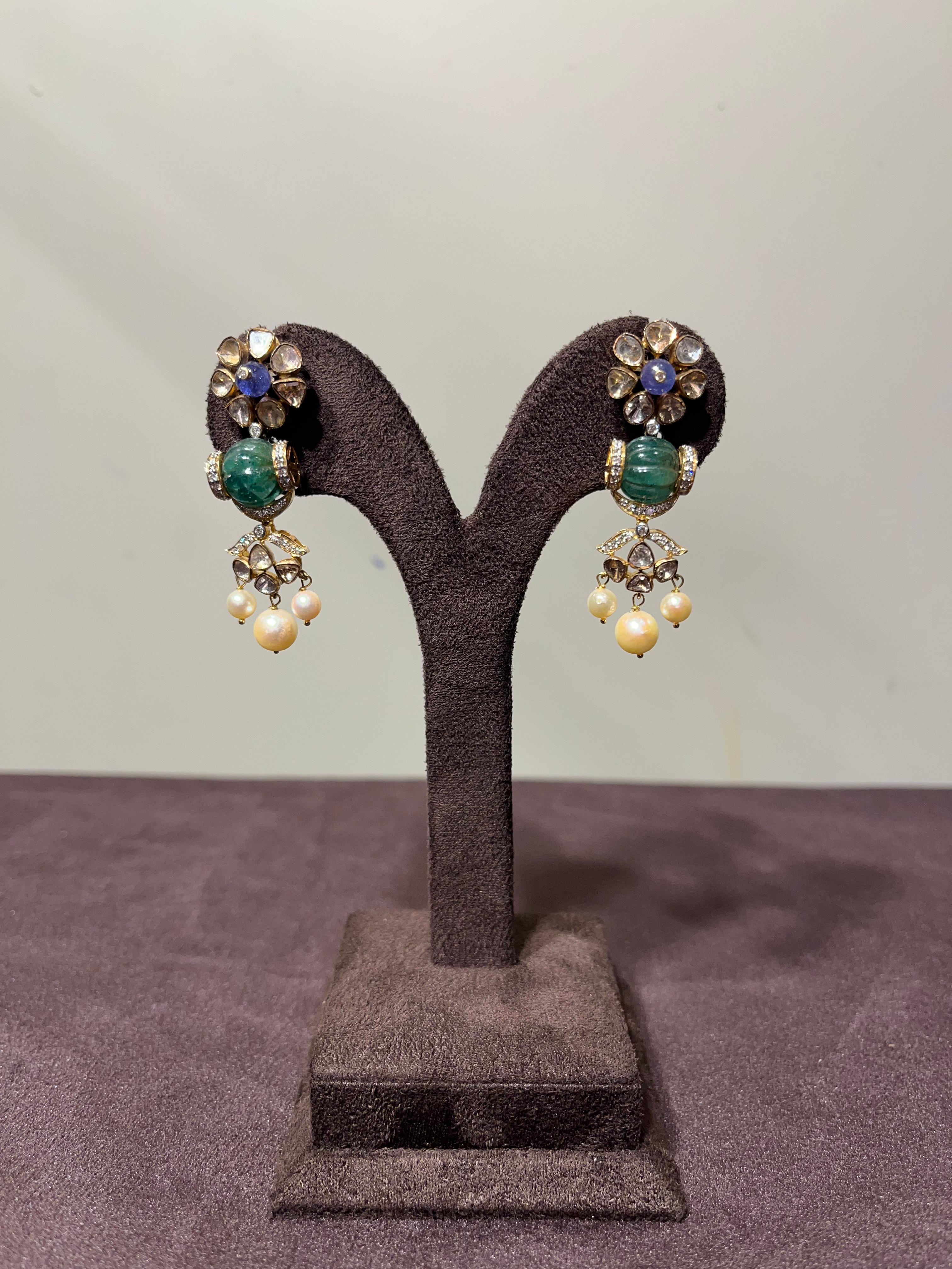 Exquisite Polki Earrings with Zambian Emerald and Tanzanite