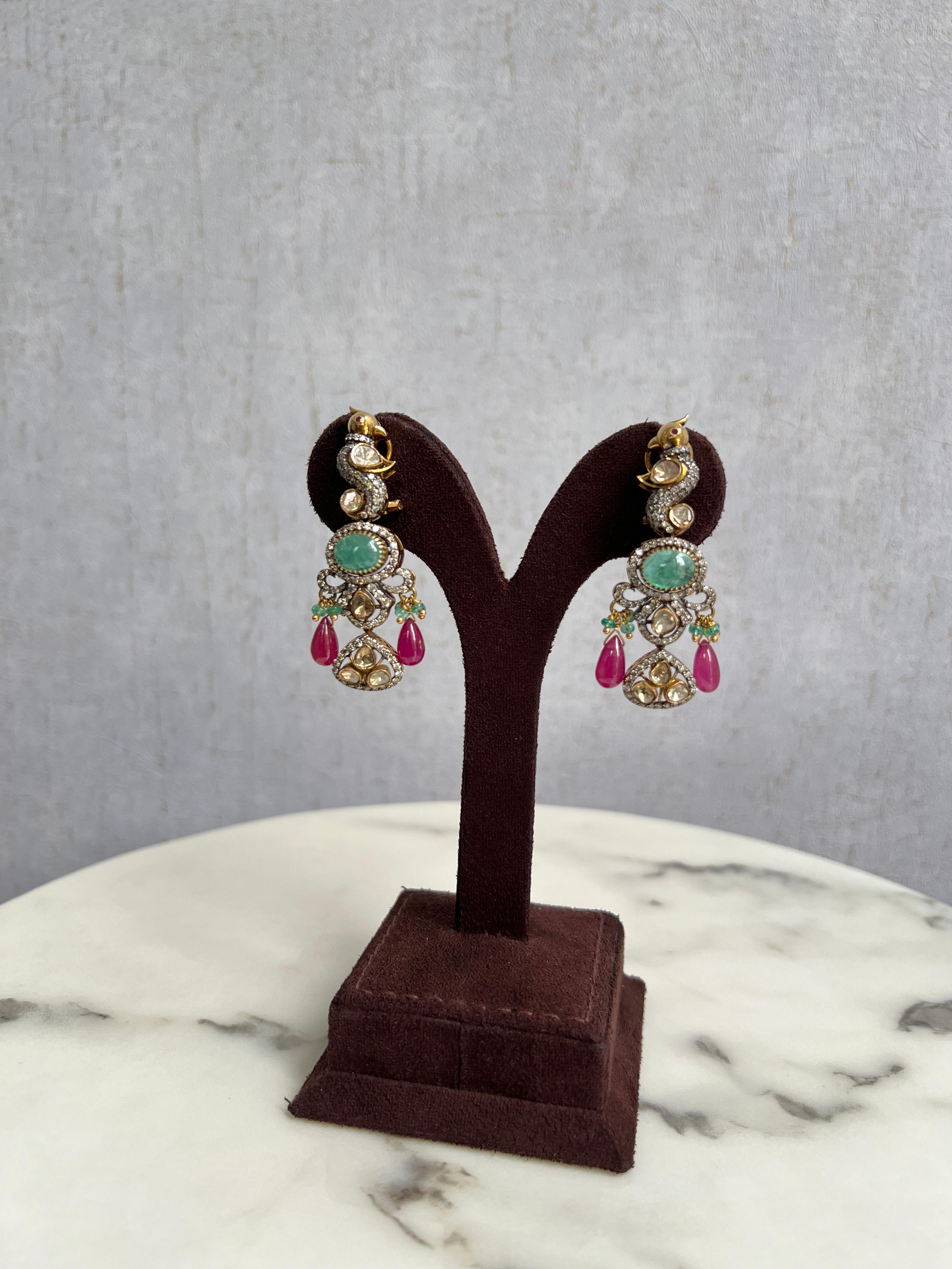 Parrot Motif Polki Hangings with Emerald and Rubies