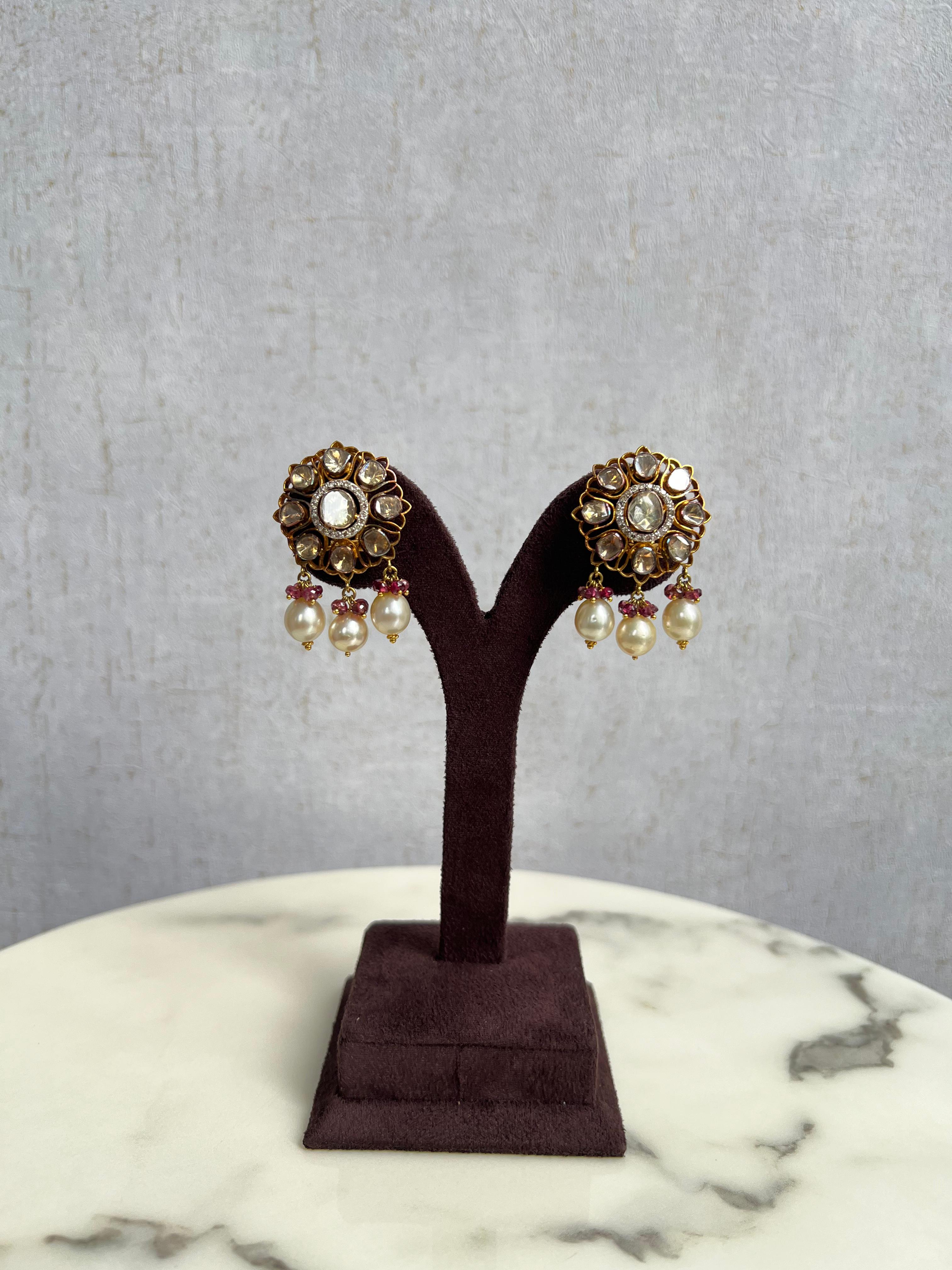 Polki Earrings with Pearl Drops