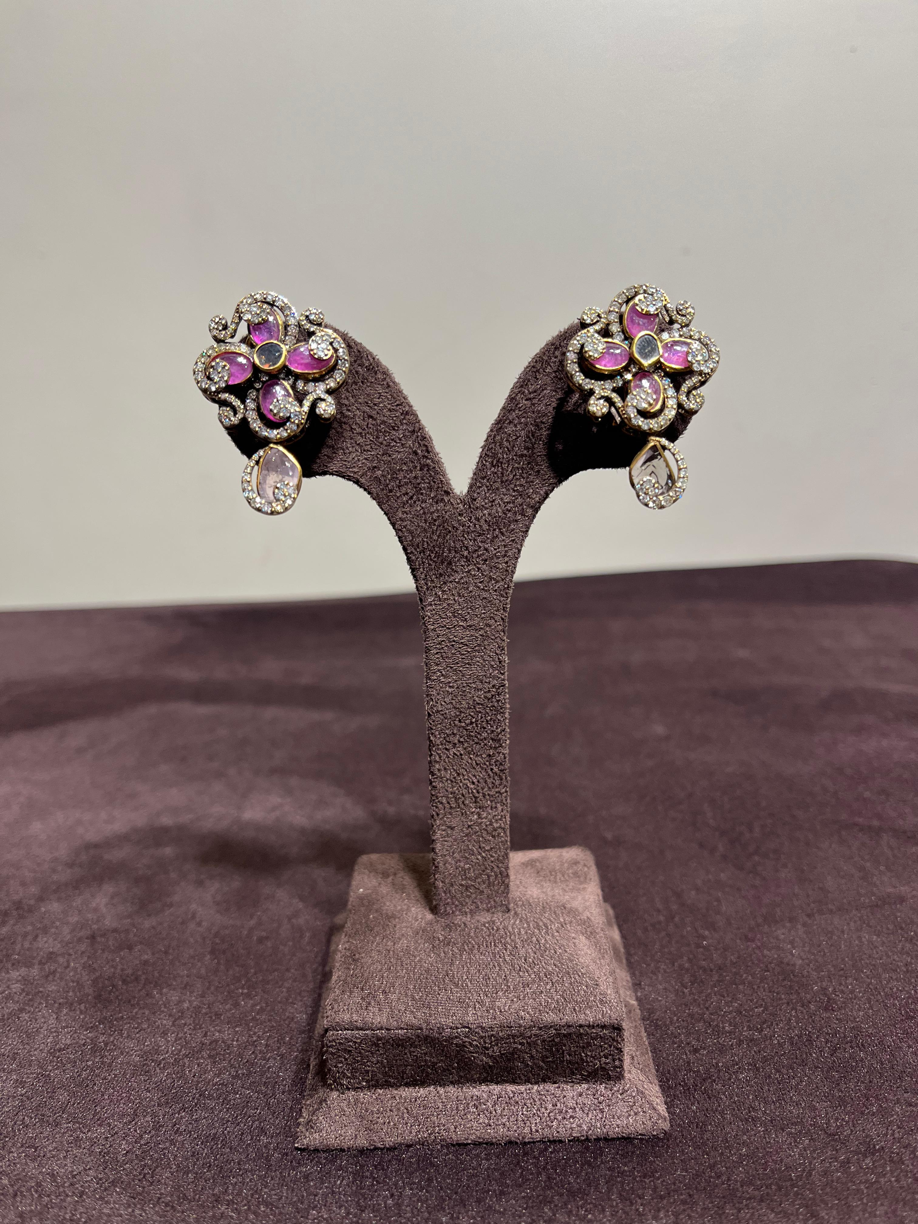 Unique Victorian Polki Studs with Rubies