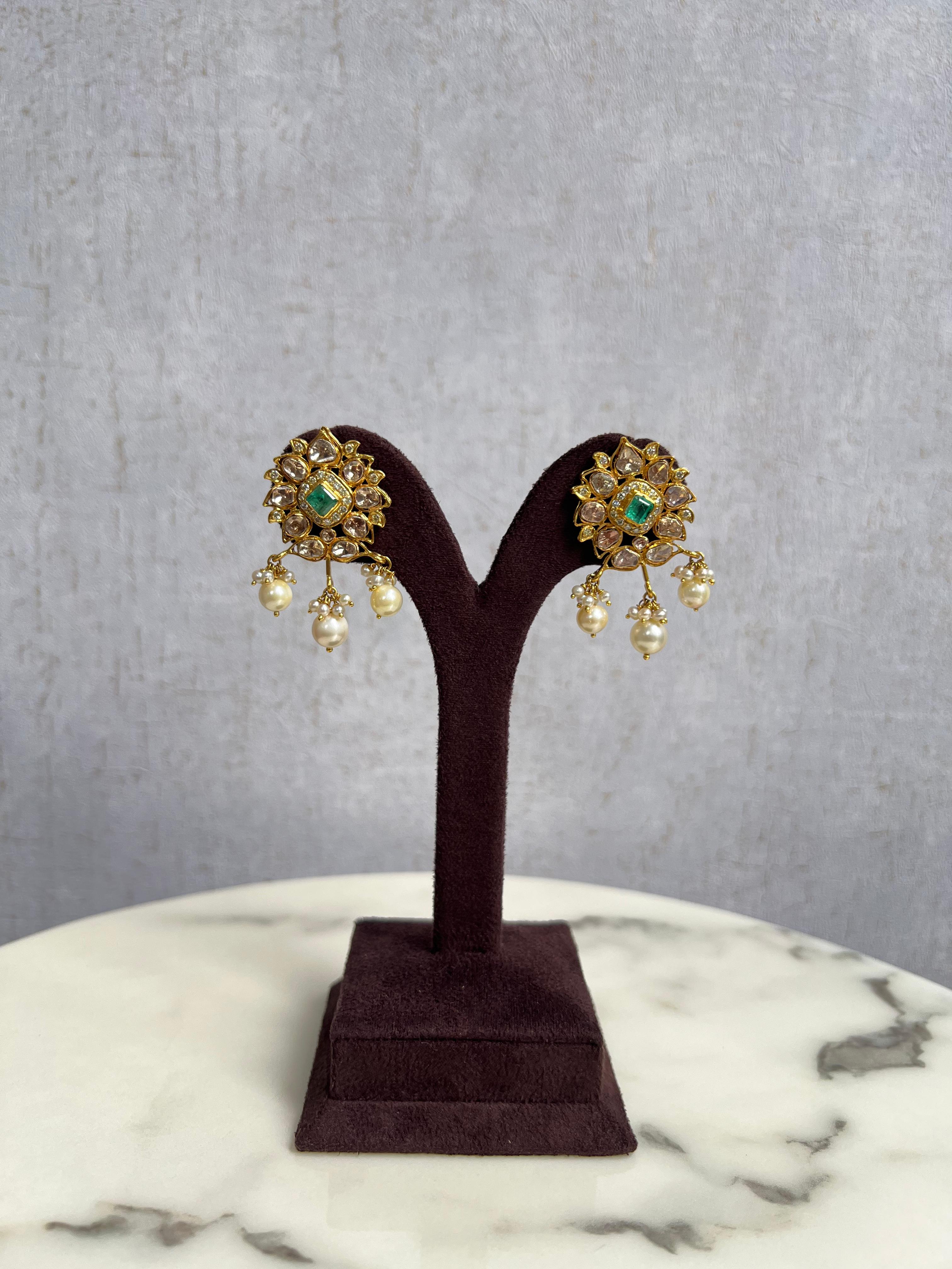 Polki Earrings with Pearl Hangings