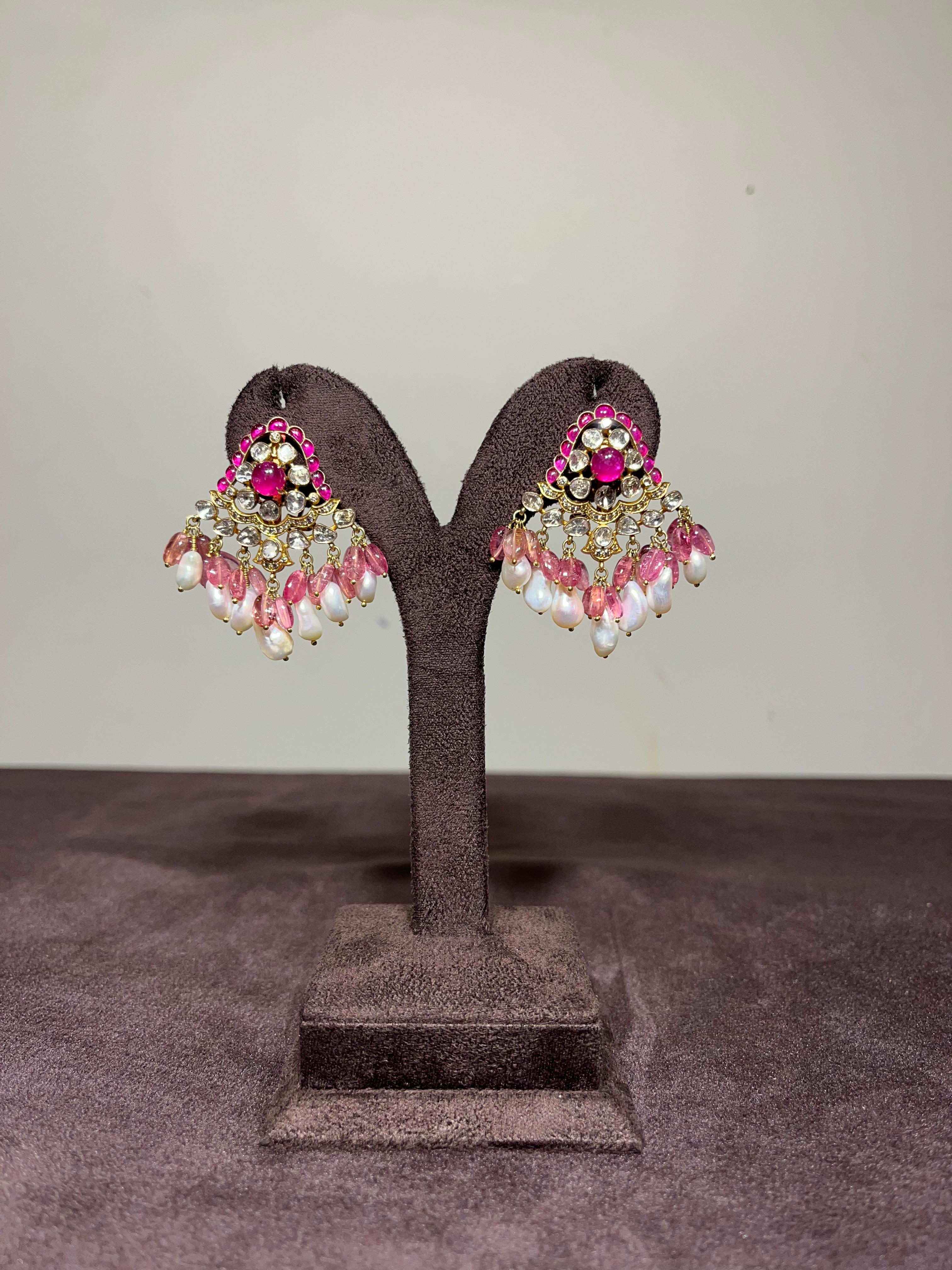 Peacock Motif Polki Earrings with Tourmaline and Pearls