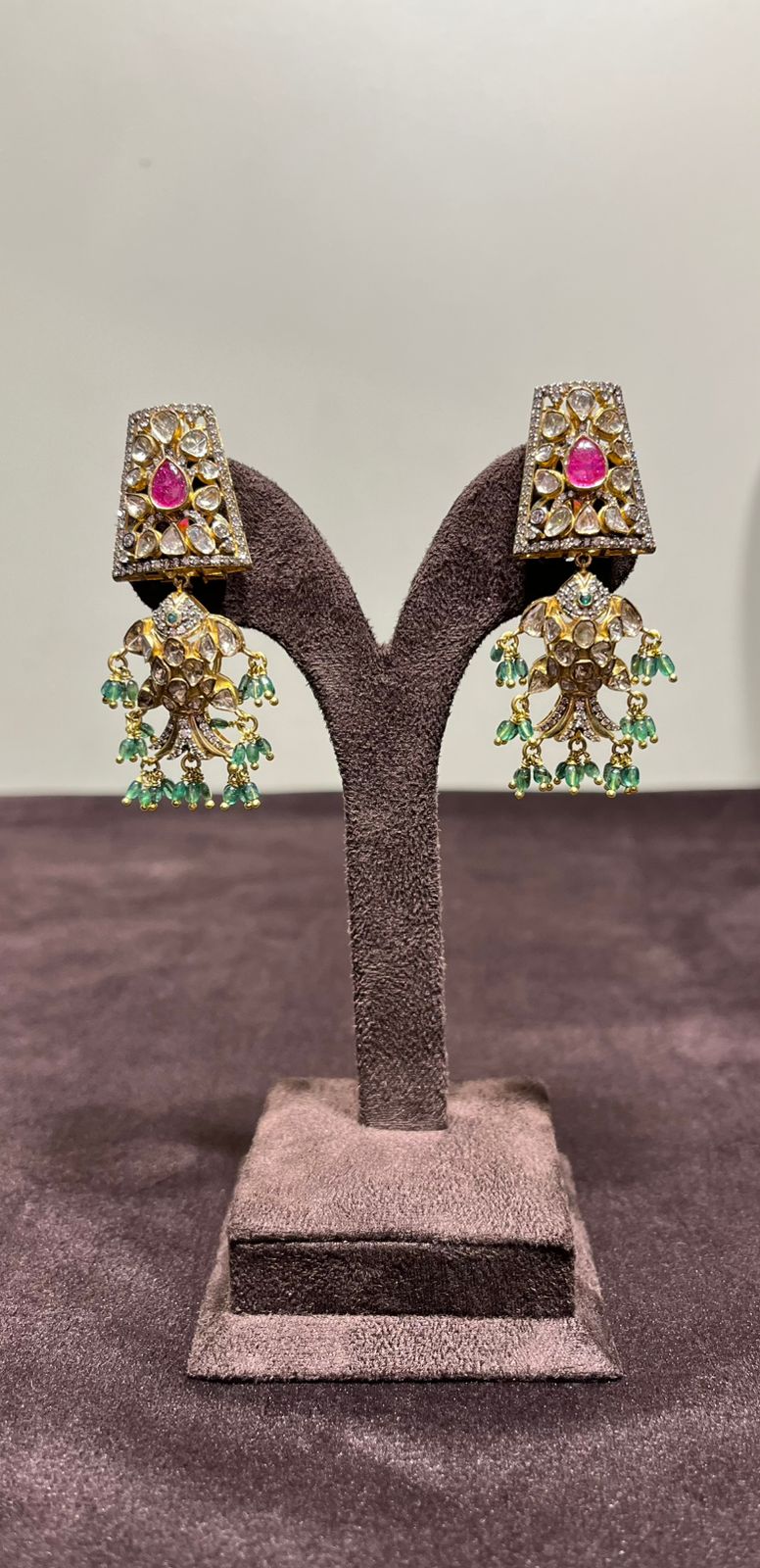 Fish Motif Polki Hangings with Emerald Beads