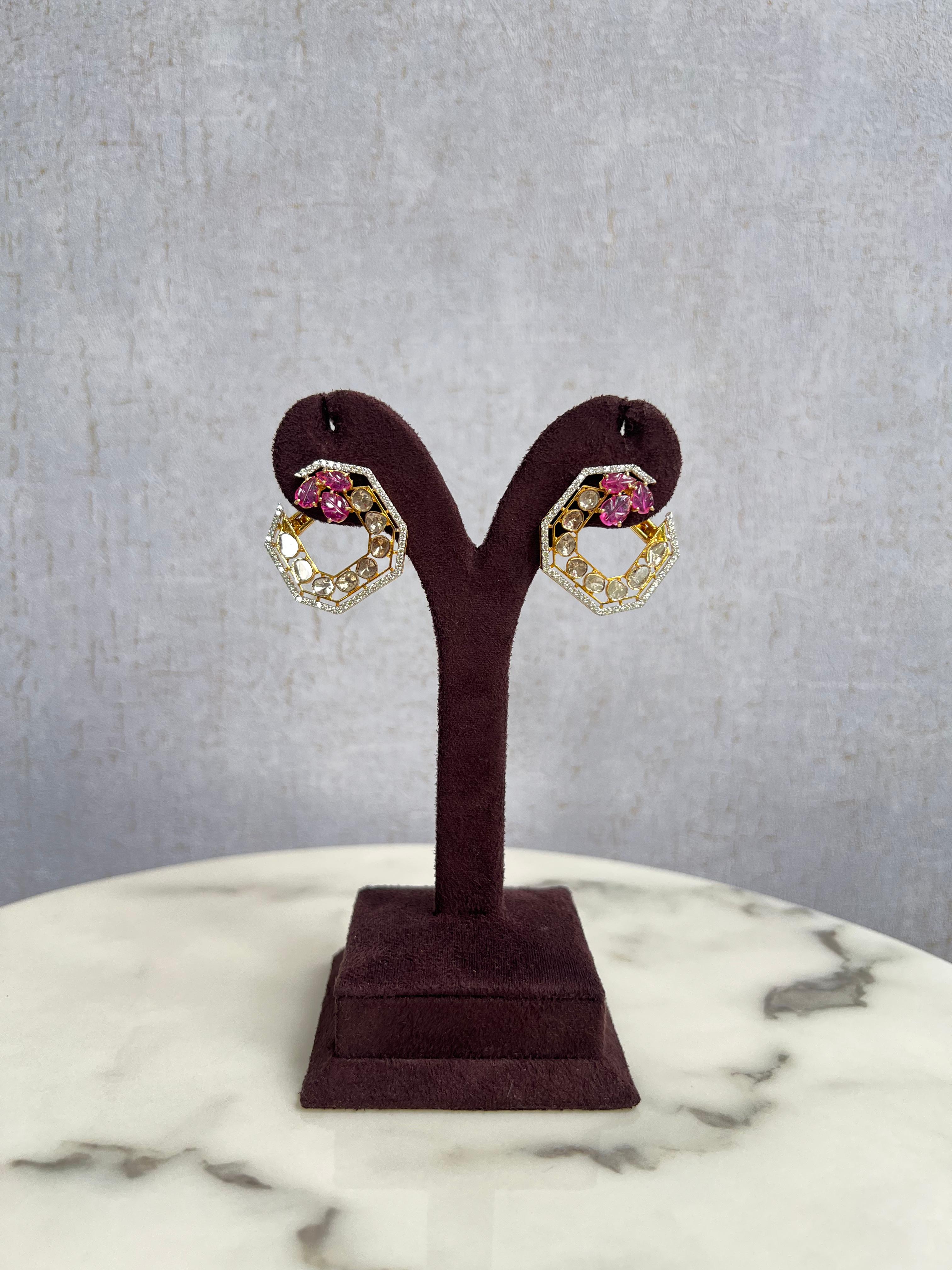 Geometric Polki Earrings with Carved Rubies